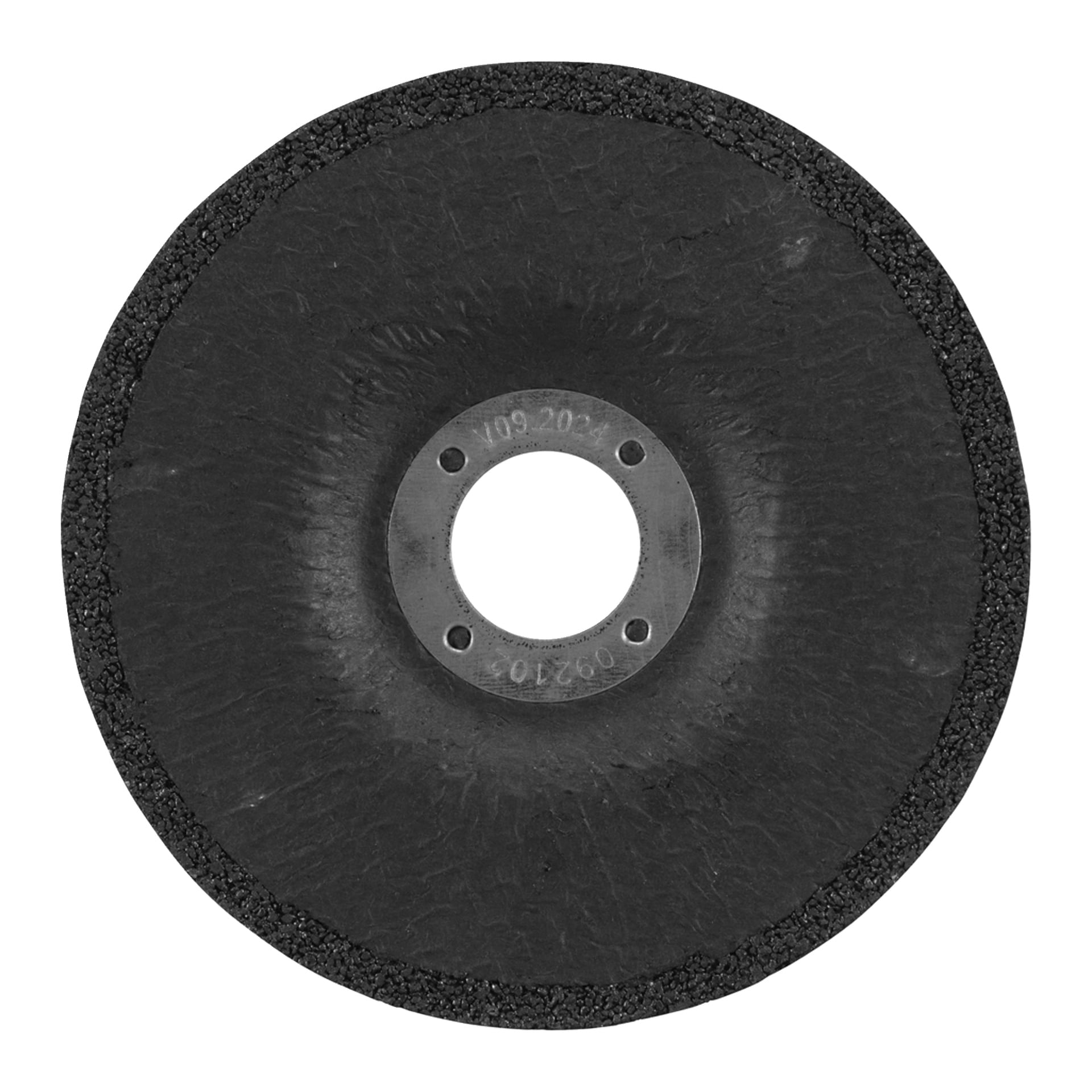 En närbild på en rund svart slip- eller skärskiva med en strukturerad yta och ett centralt metallhål för montering.