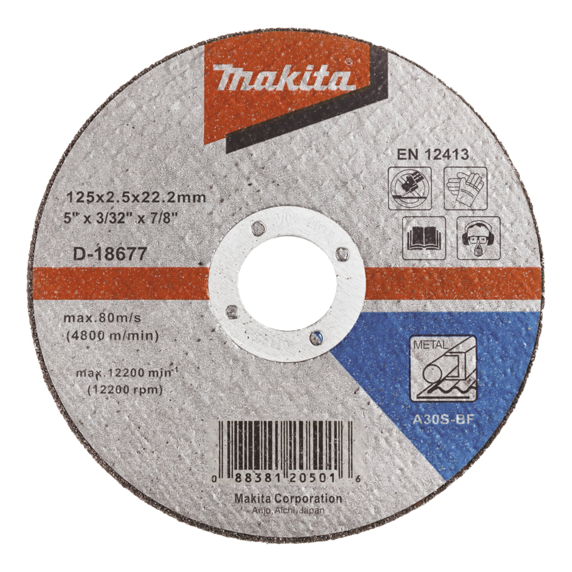 Makita 125 mm skärskiva med specifikationer, säkerhets- och metallikoner, streckkod, maxhastighet och EN 12413-certifiering på etiketten.