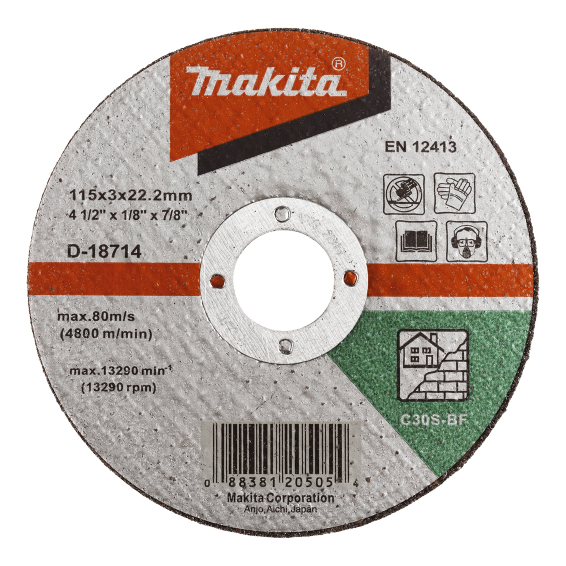 Makita cirkulär skärskiva för murverk, märkt 115x3x22,2 mm, max 80 m/s (13 290 varv/min), EN 12413-kompatibel.