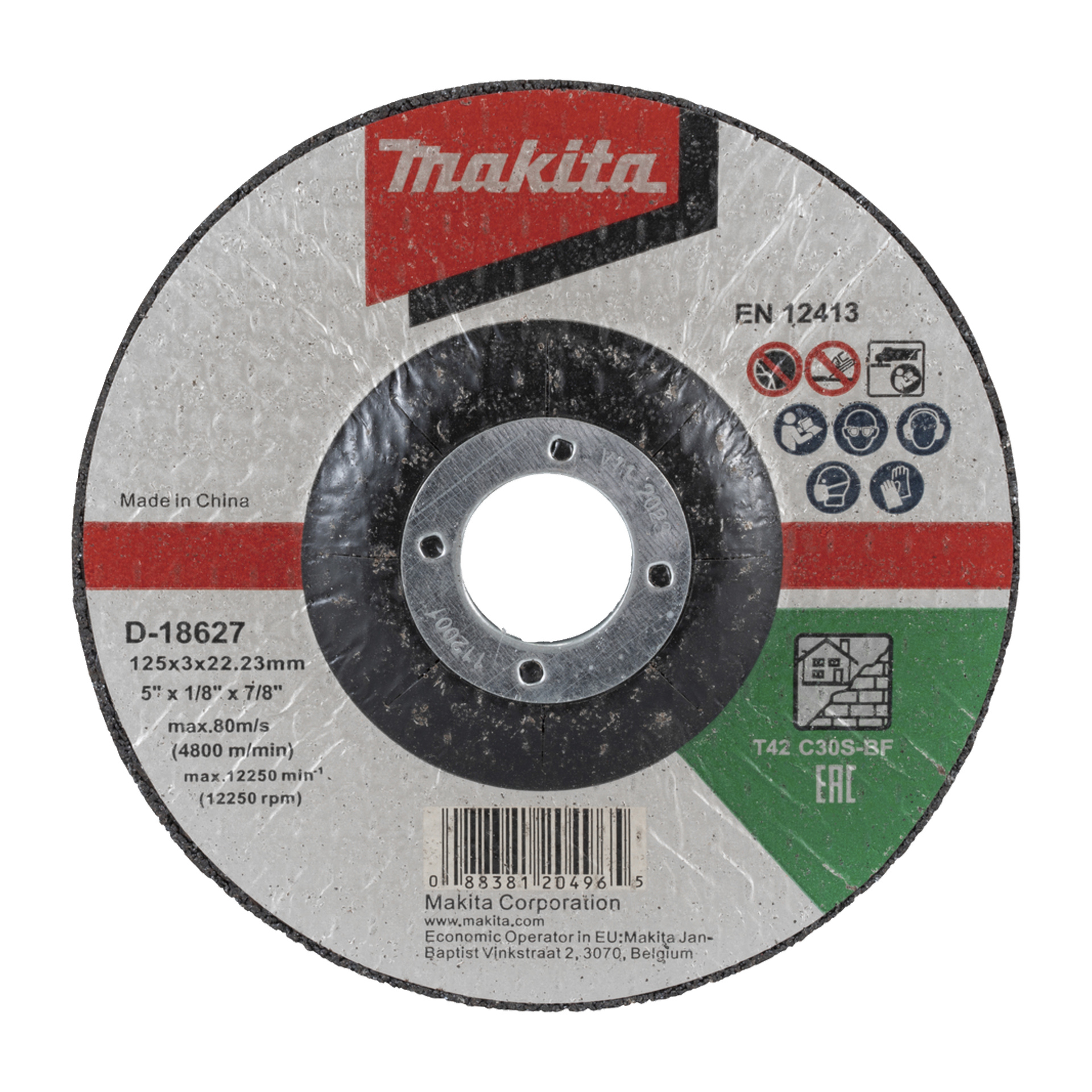 Makita D-18627 ścierna tarcza tnąca, 125x3x22,23mm, maksymalnie 80m/s, 12 250rpm, z logo certyfikacyjnym i widocznym kodem kreskowym.