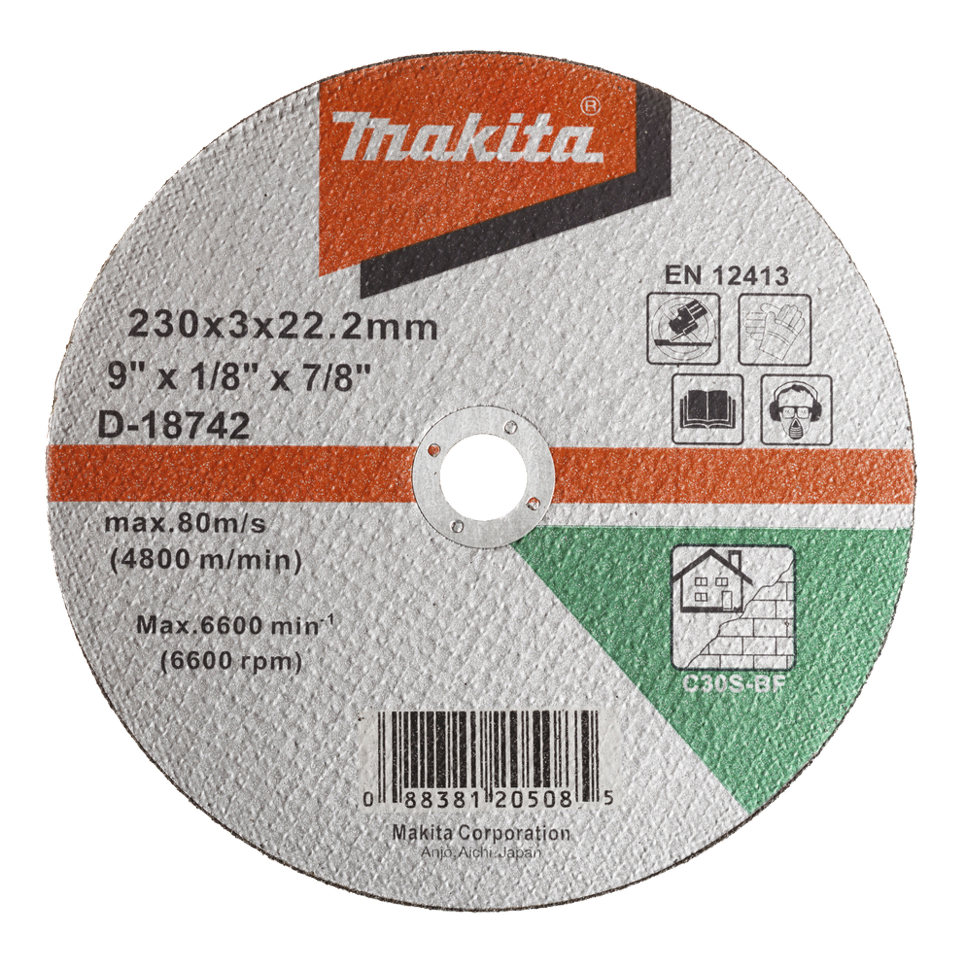 Makita-Schneideplatte mit 230x3x22,2 mm Spezifikationen, maximal 80 m/s, 6600 U/min, Modell D-18742; Sicherheitssymbole und Barcode auf der Vorderseite.