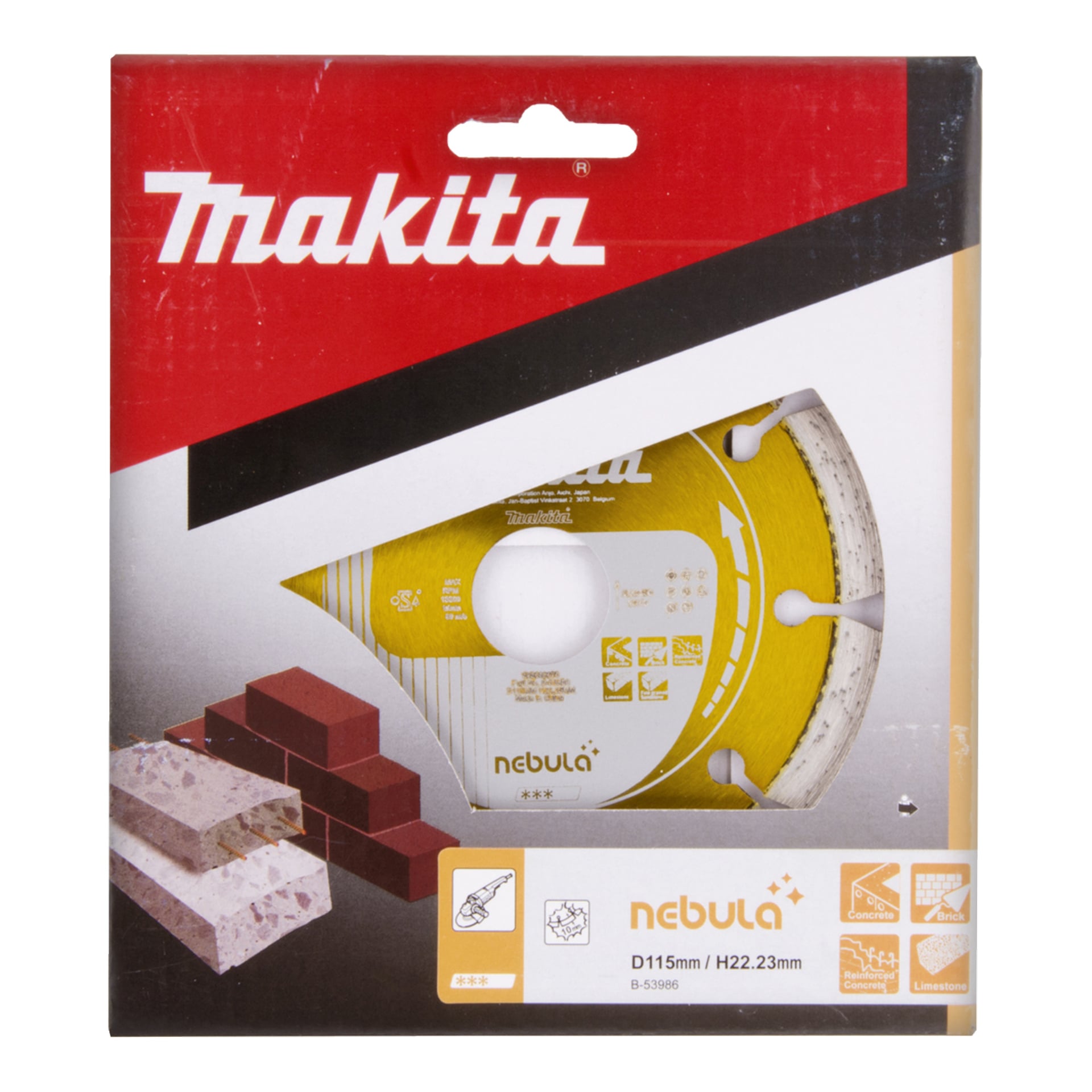 Makita-paketet innehåller en gul Nebula-diamantskärskiva för vinkelslipar, med bilder som visar att den skär kakel och tegel.