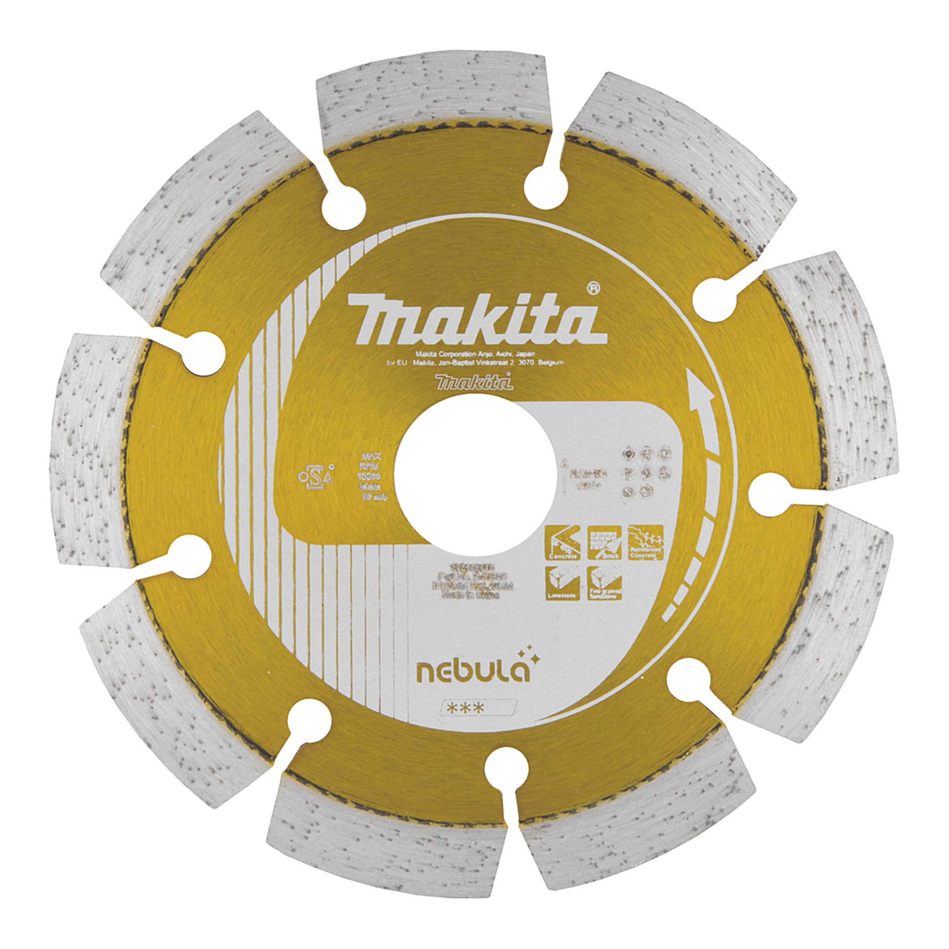 Guld Makita Nebulosans segmenterade diamantblad med nio hål, vita segment och produktdetaljer tryckta i vitt nära mitten.