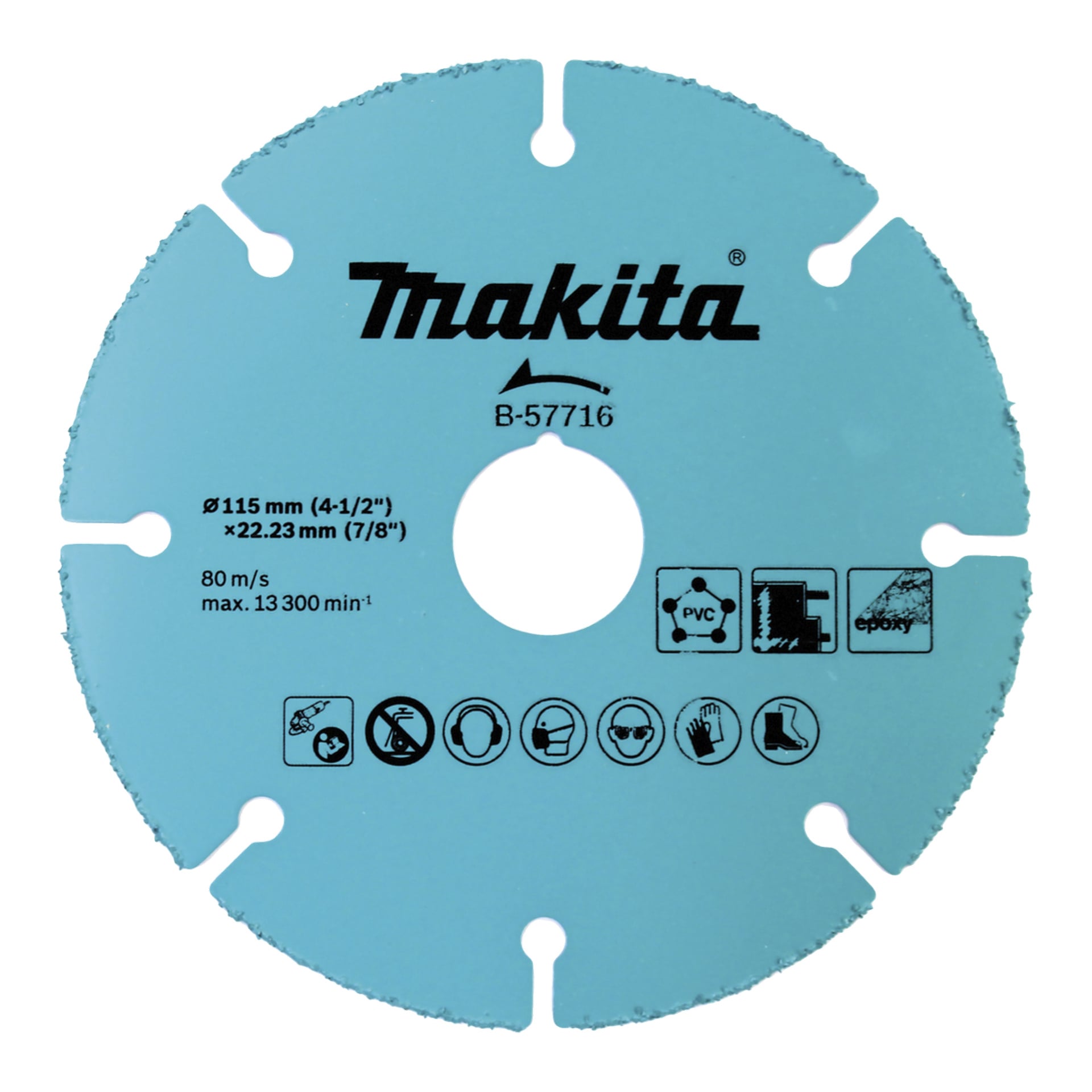 Eine blaue Makita-Kreissägeblatt mit B-57716, Sicherheitssymbolen und Details zu Größe, Geschwindigkeit und kompatiblen Materialien in Schwarz.