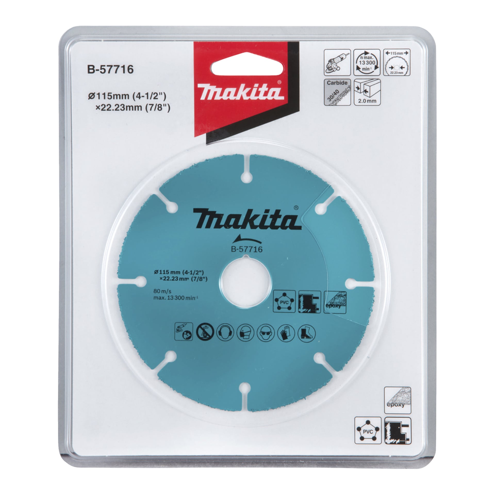 Makita B-57716 Kreissägeblatt im Paket, 115 mm x 22,23 mm, mit Spezifikationen, Symbolen und Branding auf Kunststoff und Pappe.