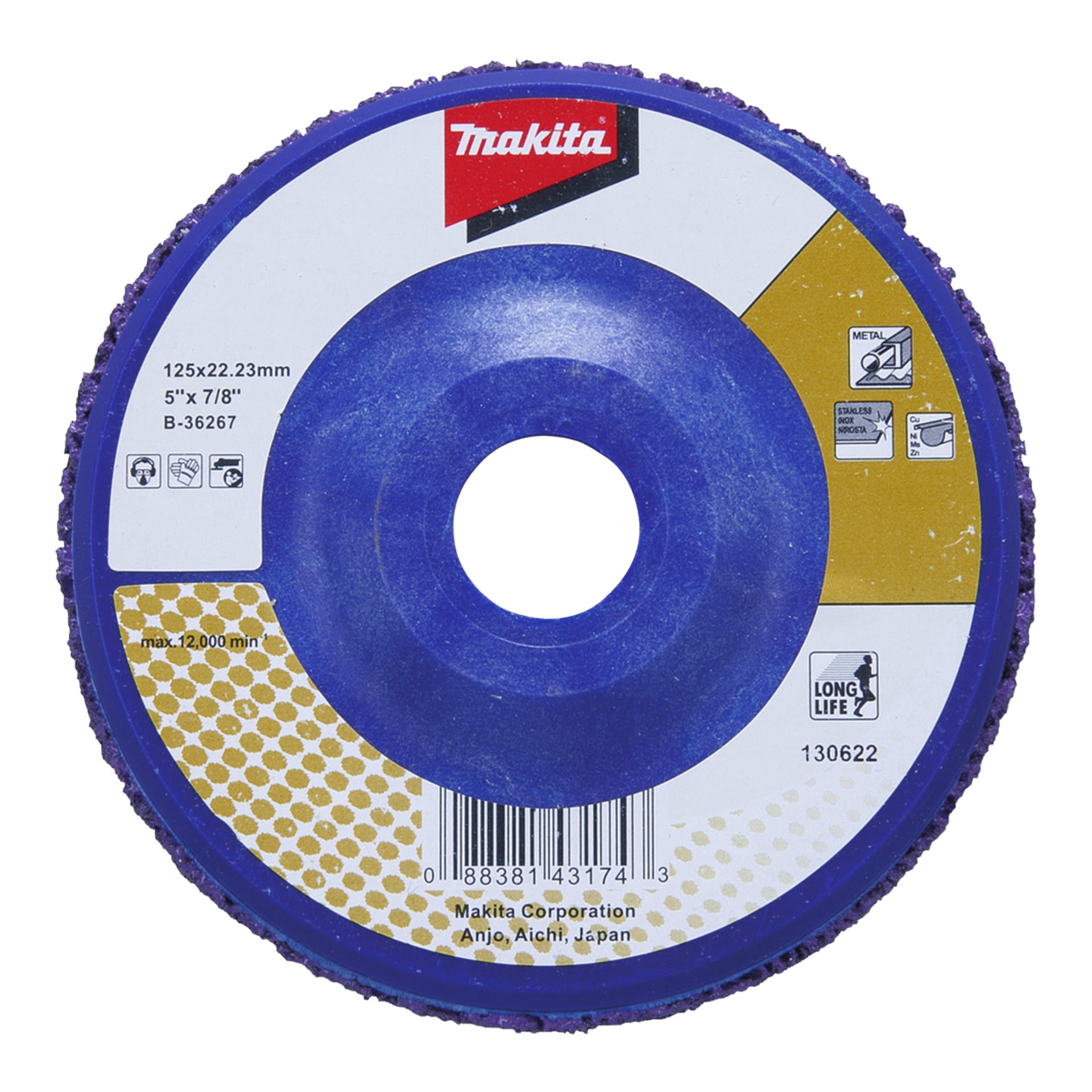 Nahaufnahme einer Makita-Schleifscheibe mit blauem Zentrum, beschriftet 125x22,23 mm für Metall, mit Logo und Produktdetails.