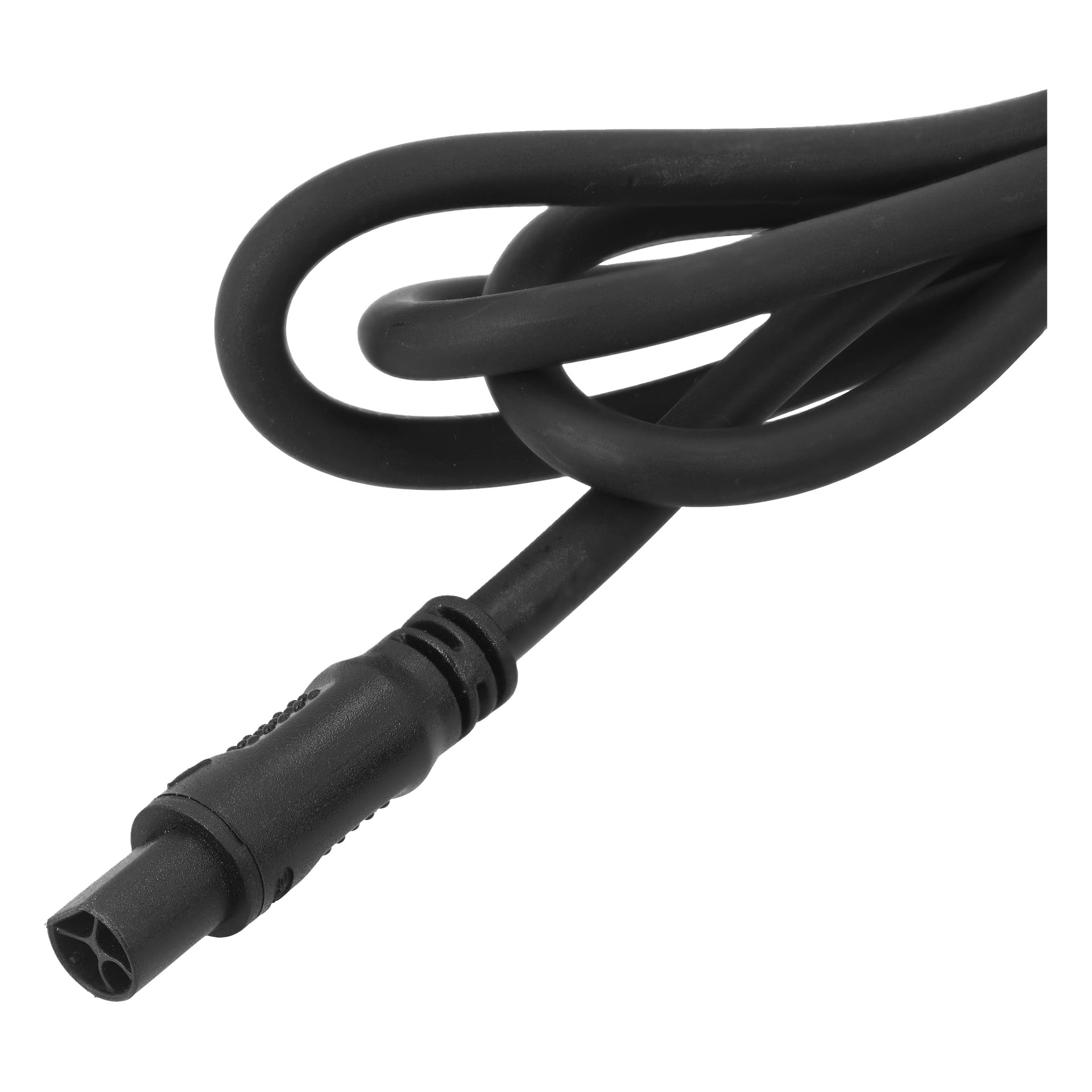 Närbild på en svart laddkabel för elcykel med en åtta-siffra (C7) kontakt, löst lindad.