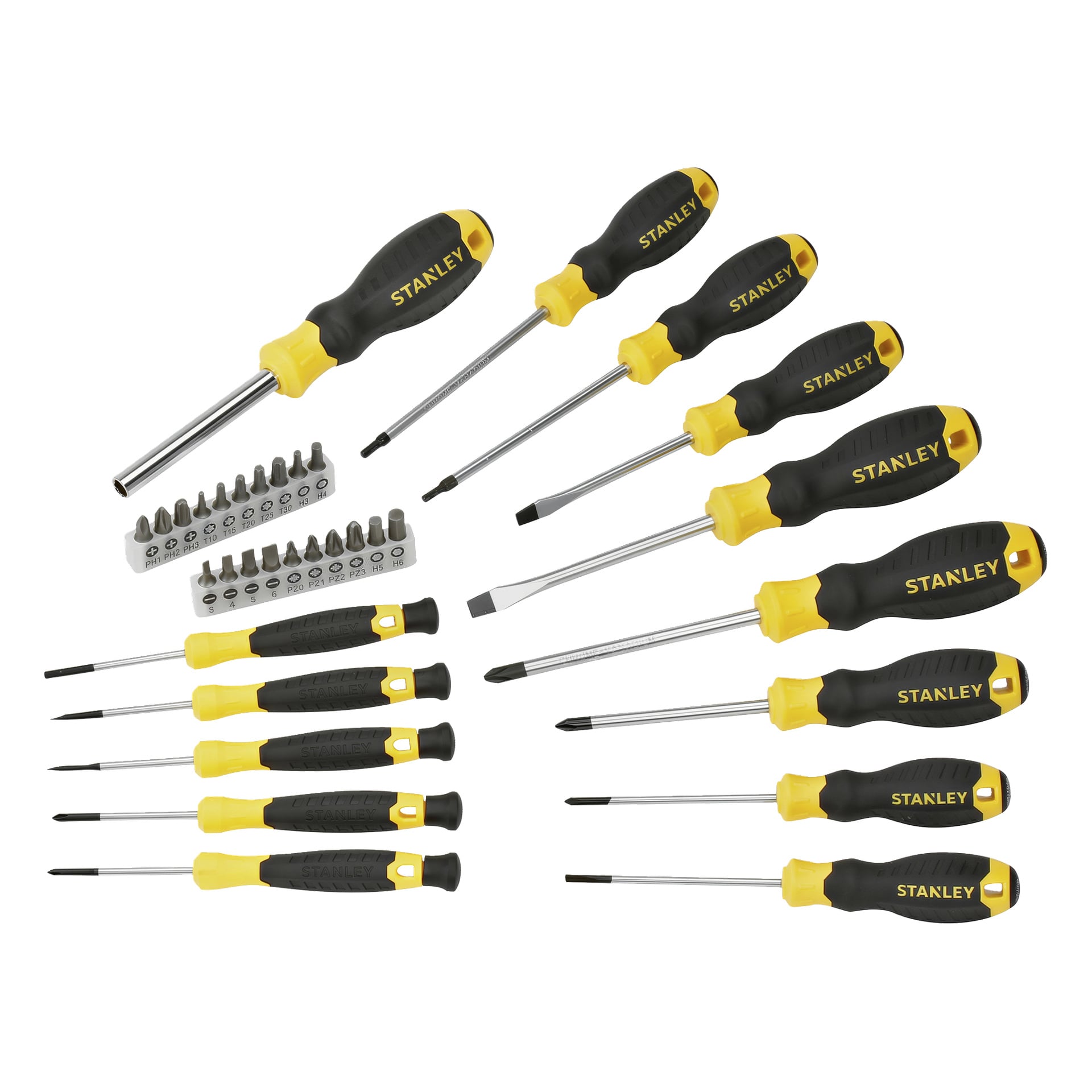 Et sett med tolv STANLEY-skrutrekkere med svarte og gule håndtak, pluss tjue utskiftbare bits og en bitholder, pent arrangert.