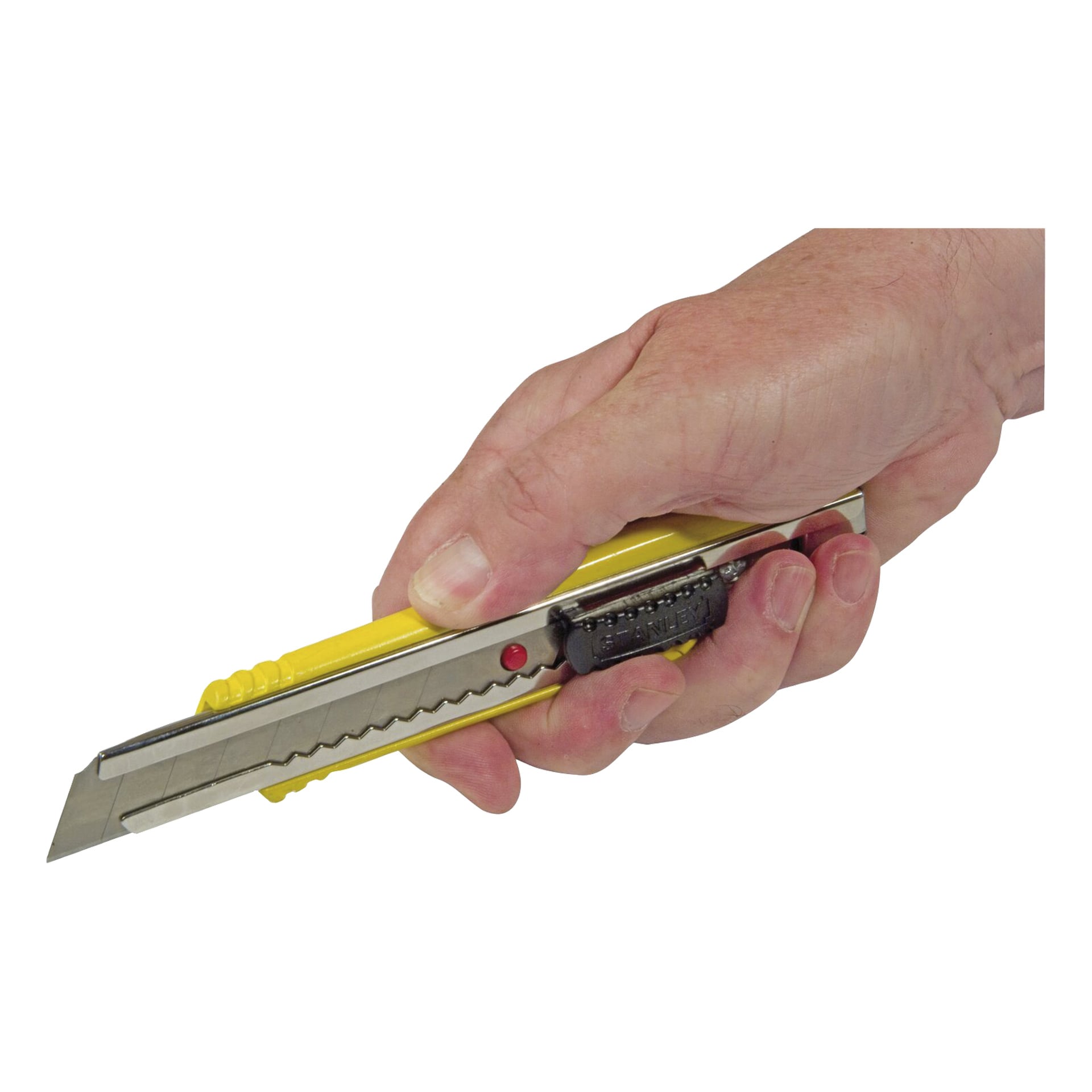En hand greppar en gul hobbykniv med ett infällbart blad, med en metallegg och svart grepp vid bladglidaren.