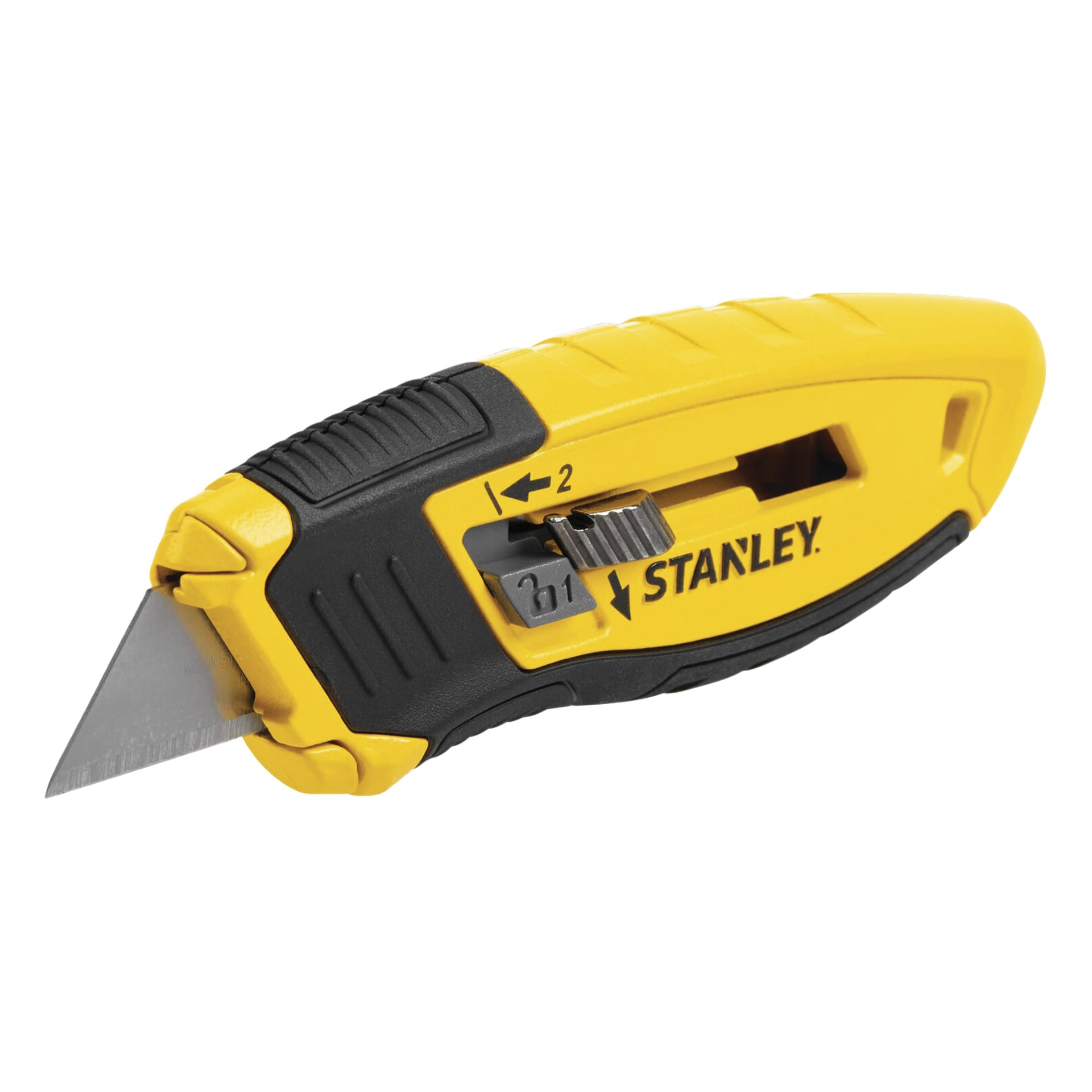 Stanley utility knife i gult och svart, med delvis exponerad blad, låsslider, synlig förvaring och ergonomiskt handtag.