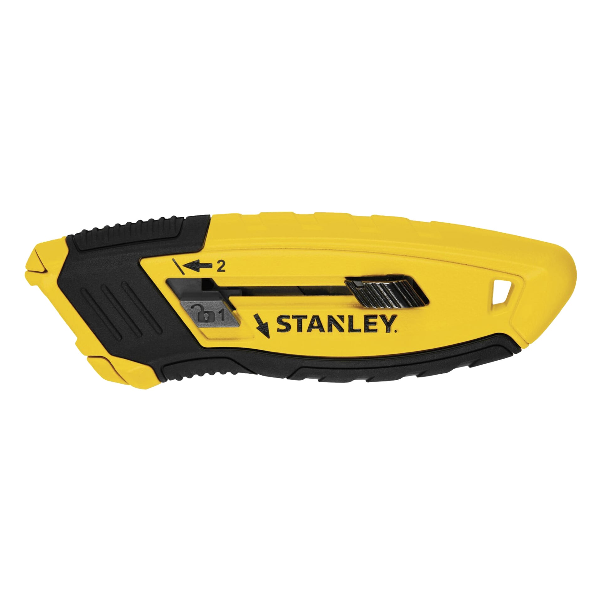 En gul och svart Stanley hobbykniv med infällbar kniv, skjutlås och STANLEY-märkning på handtaget.