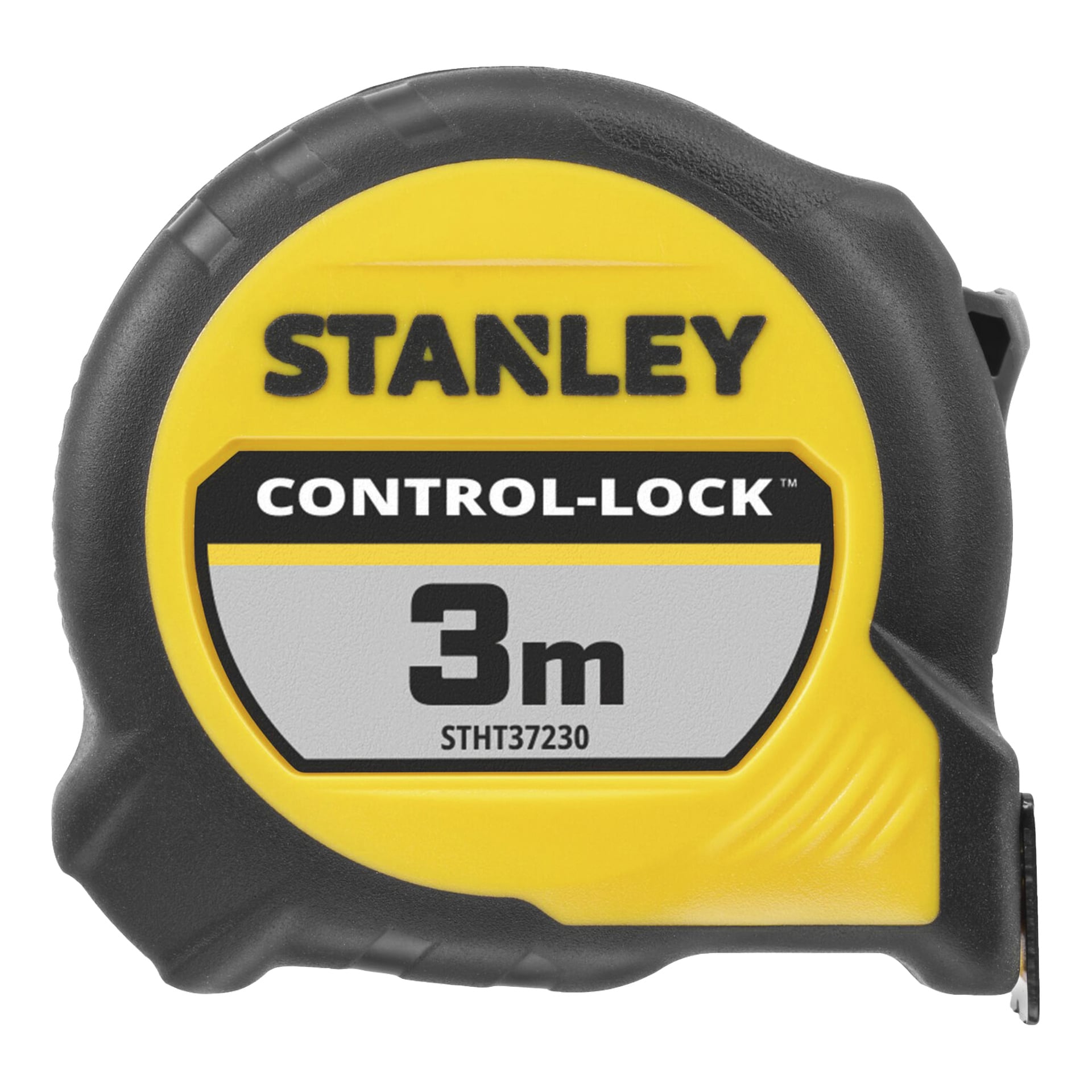 Ett Stanley Control-Lock-måttband i gult och svart visar 3 meter, med modell STHT37230 markerad på etiketten.