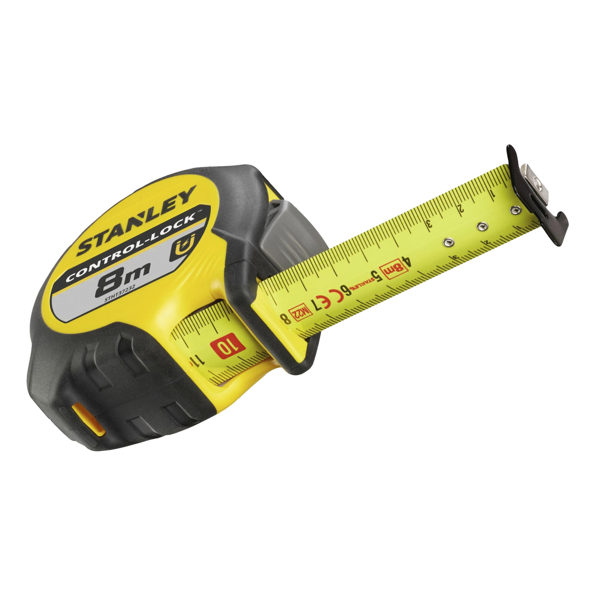 Ein Stanley CONTROL-LOCK-Maßband in Gelb und Schwarz ist auf 10 cm verlängert, zeigt sowohl Zoll- als auch Zentimetermarkierungen und ist mit 8 m beschriftet.