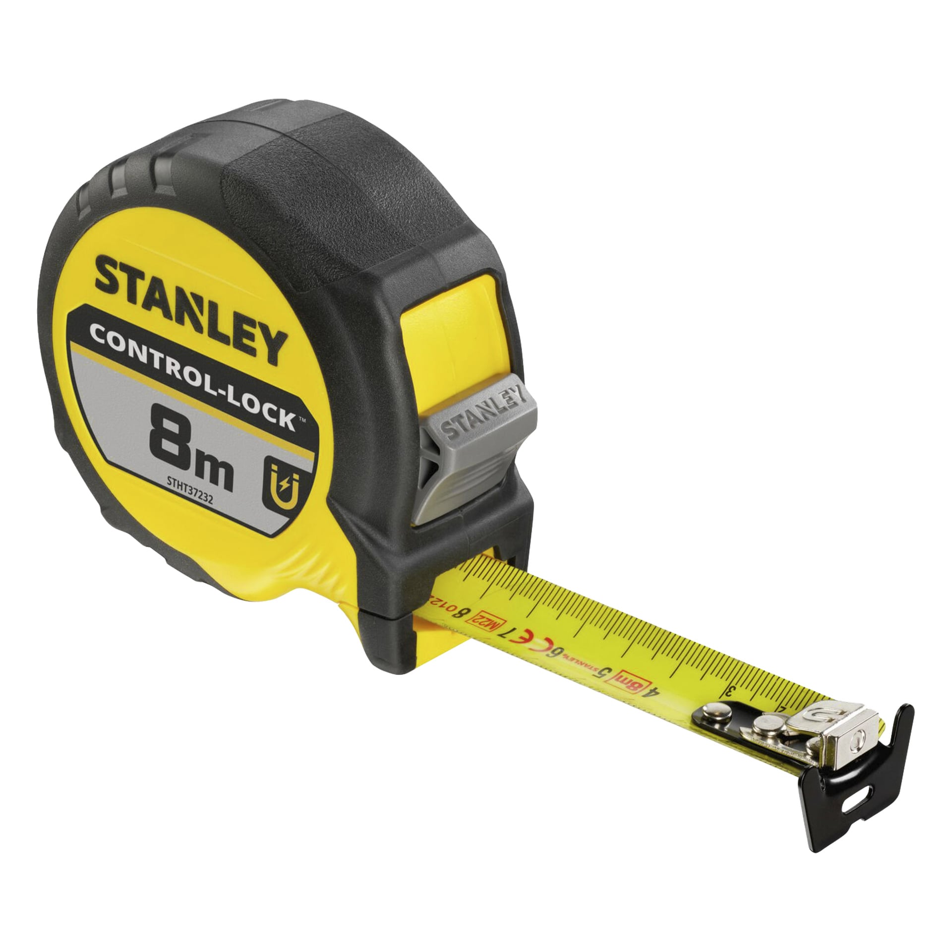 Ein Stanley Control-Lock Maßband in Gelb und Schwarz, 8 Meter lang, teilweise verlängert mit sichtbarem Maßstreifen und Metallhaken.