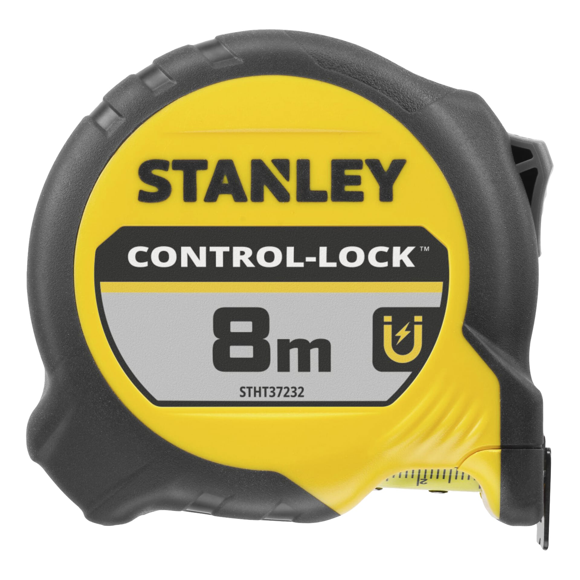Gelbe und schwarze Stanley Control-Lock-Maßband zeigt 8 Meter auf der Vorderseite, mit dem Stanley-Logo und STHT37232 auf dem Gehäuse.