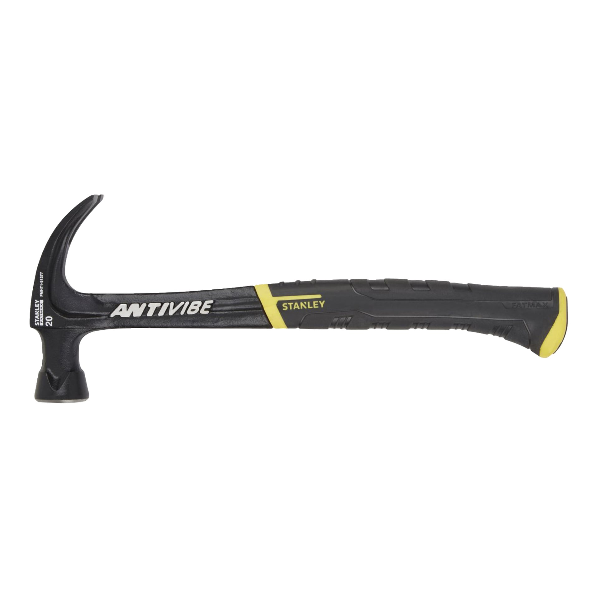 En svart och gul Stanley Antivibe Fatmax-klohammare med gummigrepp, metallhuvud, slagande ansikte och böjd nageldragande klo.