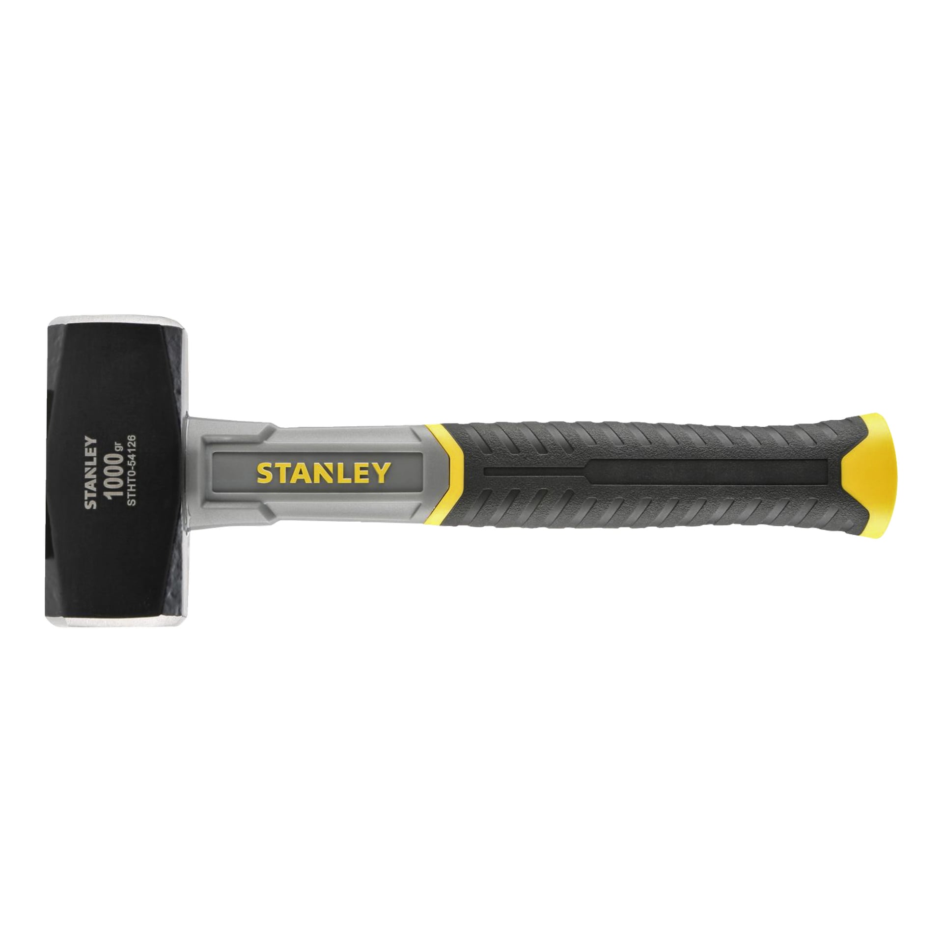 Stanley 1000g slägga med svart och gult handtag, silverdetaljer och ett rektangulärt svart metallhuvud med tryckt branding.