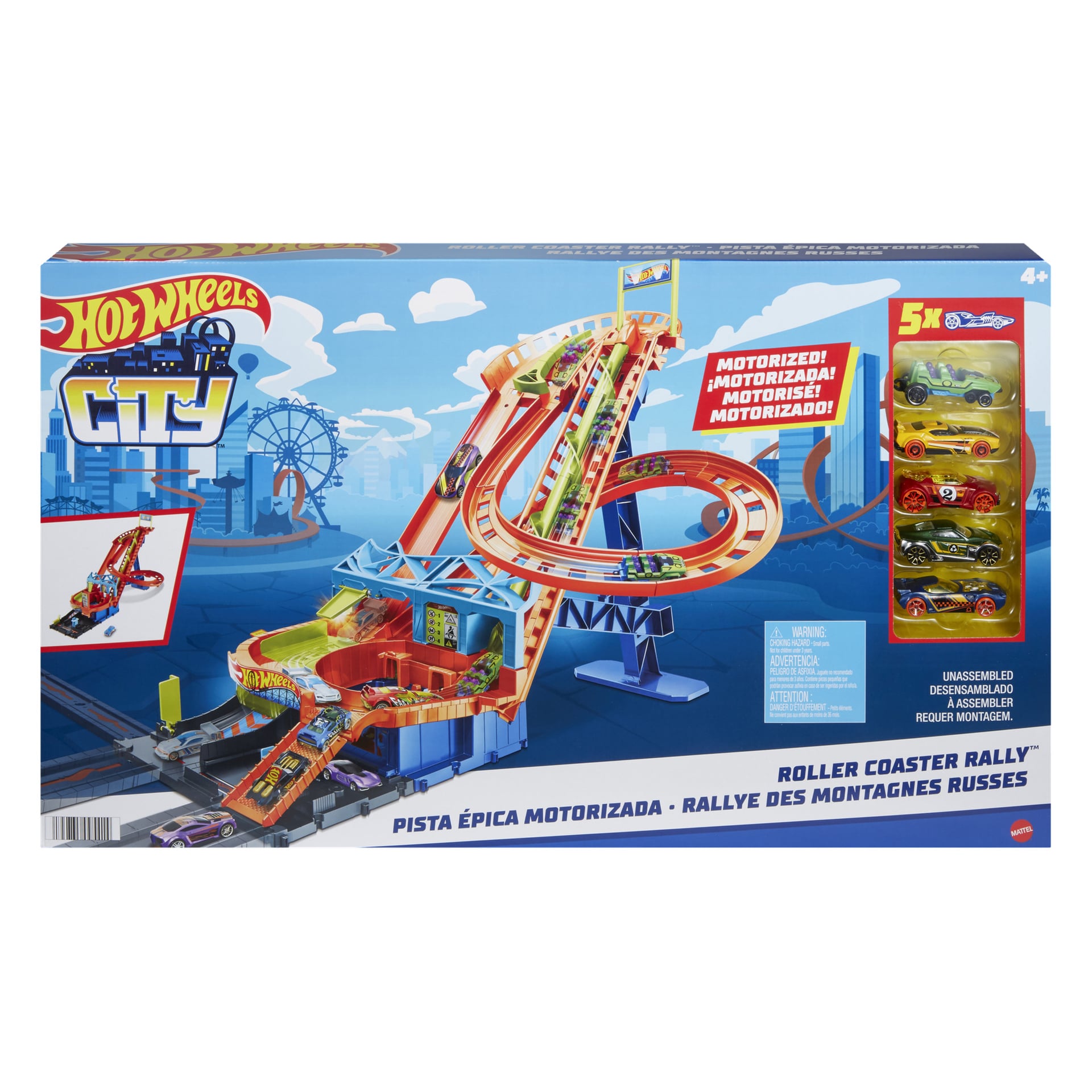 Hot Wheels City Roller Coaster Rally-boks med motorisert bane og fem lekebiler synlige; Blå emballasje viser scener fra lekesettet.