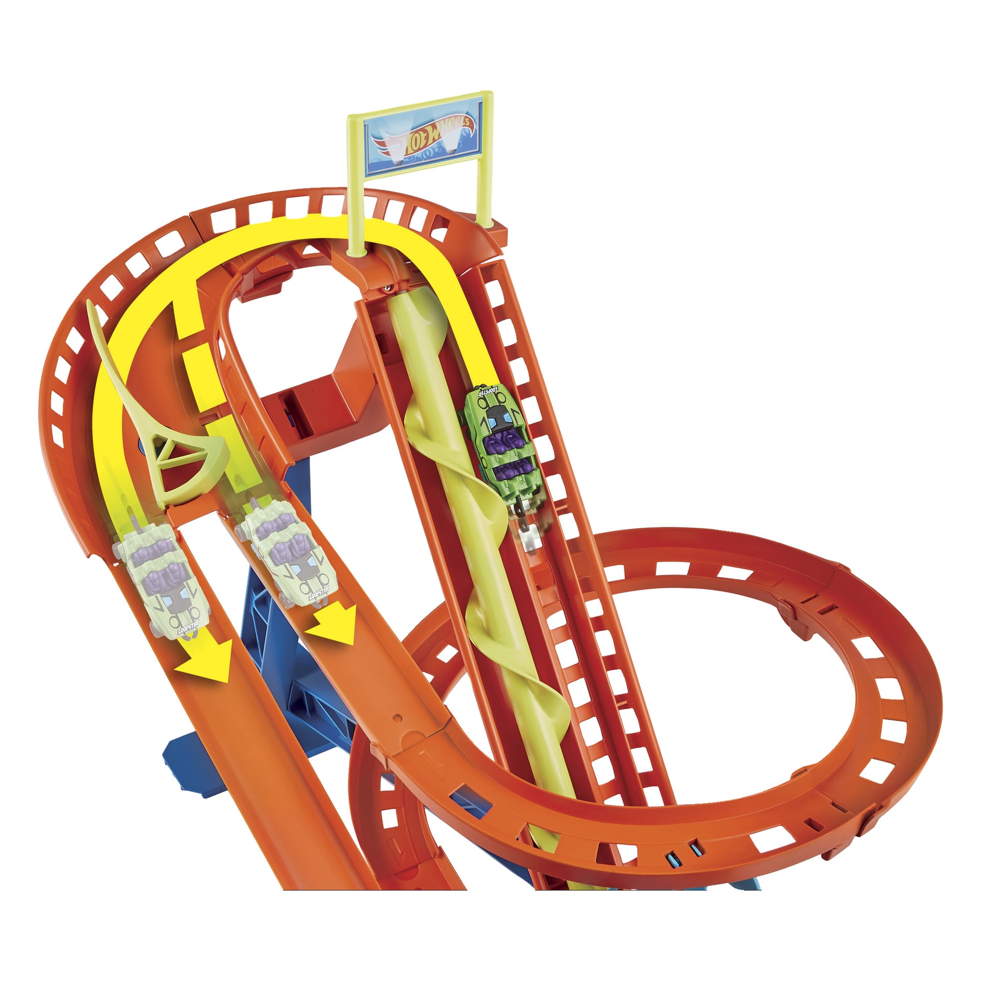Nærbilde av et Hot Wheels-sporsett: oransje og gule spor, korketrekker-loop, to vogner, toppskilt og gule retningspiler.