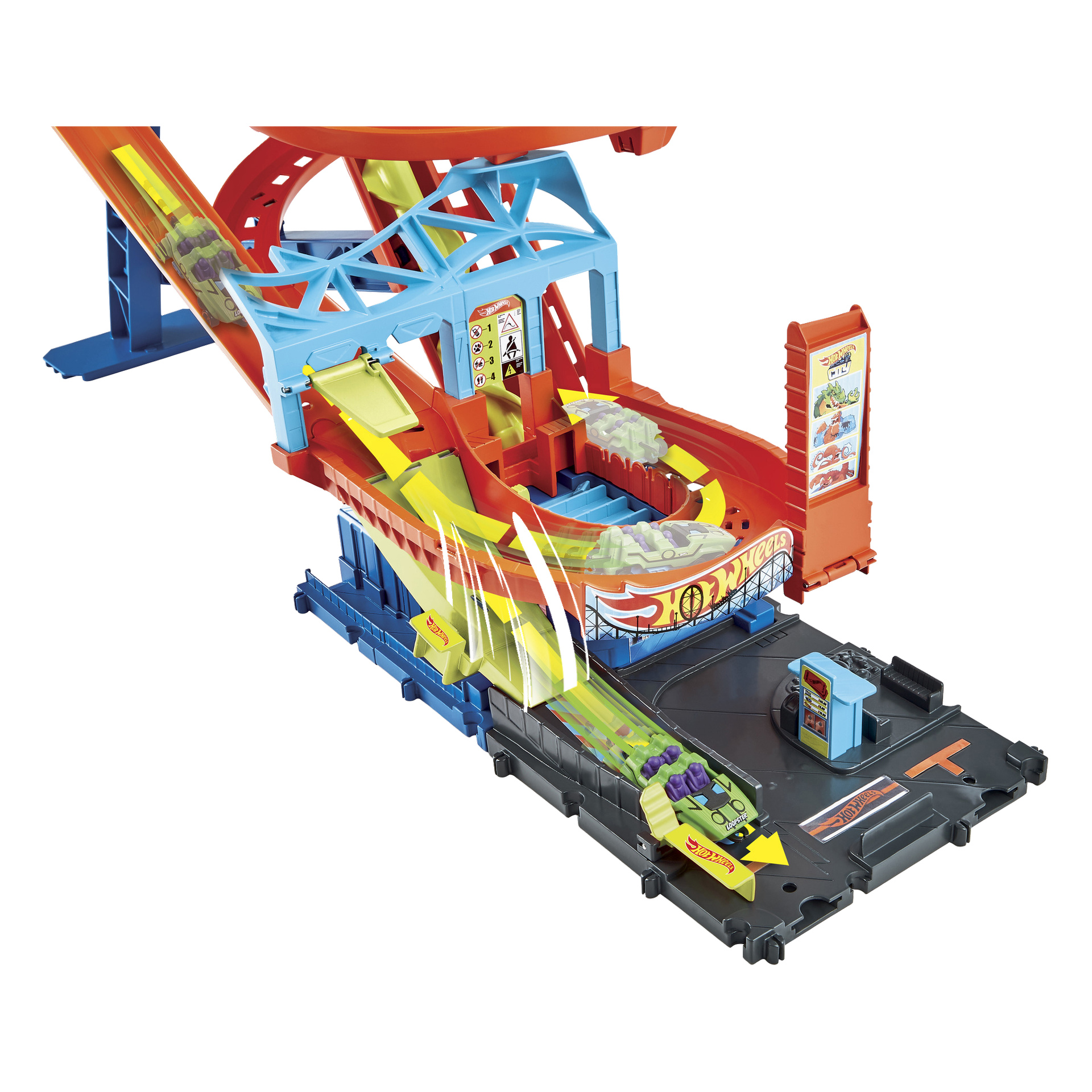 Nærbilde av et livlig Hot Wheels-banesett med oransje skinner, blå støtter, gule detaljer, svart base og parkeringsplass.