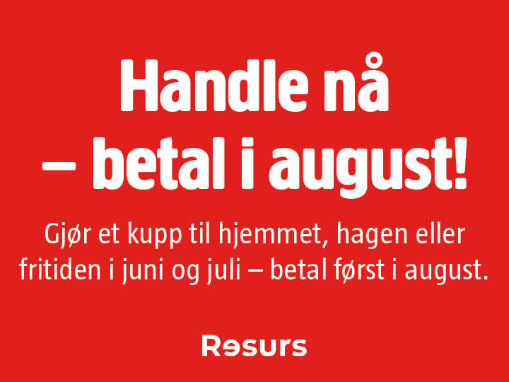 Rød annonse med hvit tekst: Handle nå, betal i august! Gode sommertilbud. Resurs-logoen vises nederst.