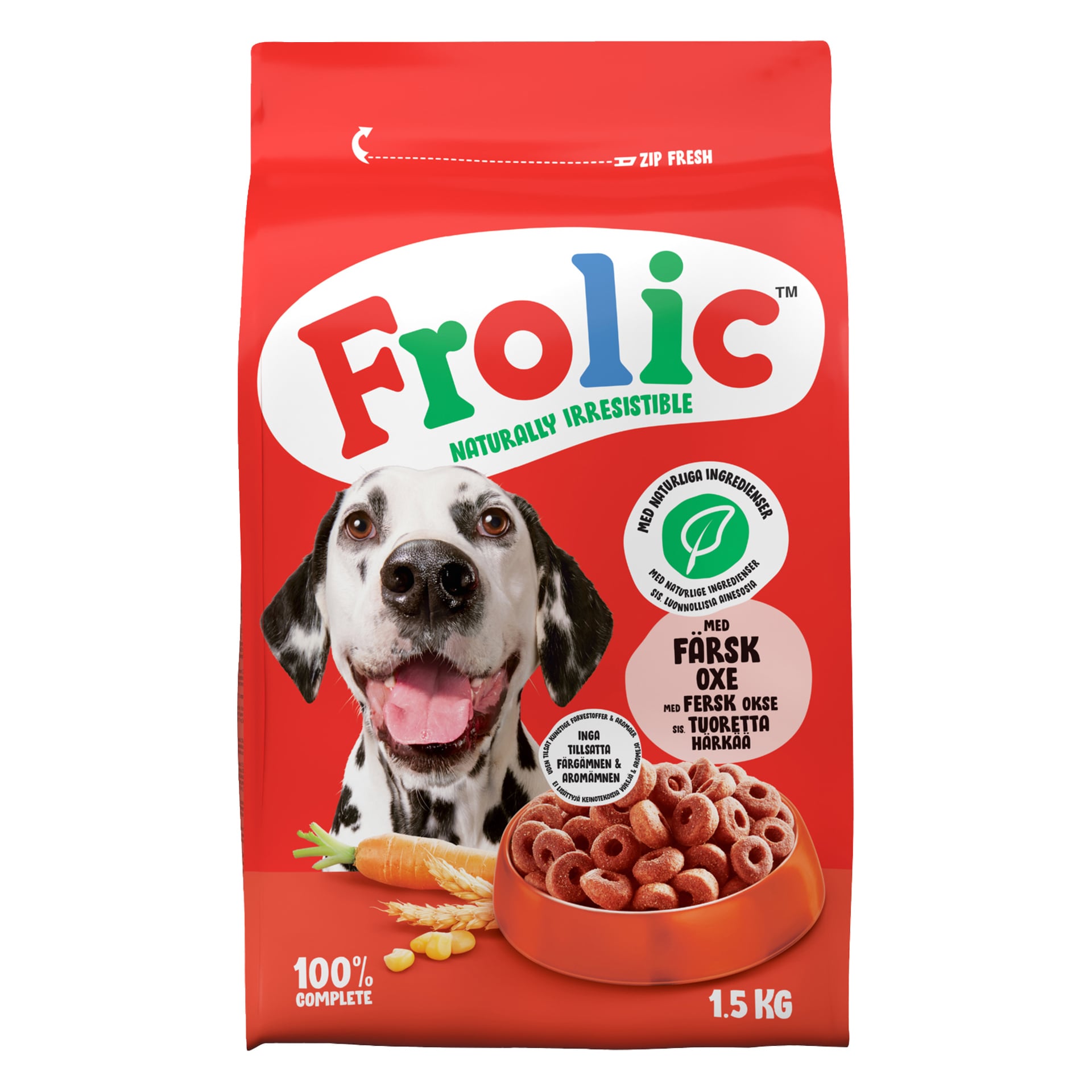 1,5 kg pussi Frolic-koiranruokaa, punainen ja valkoinen, jossa on dalmatialainen kasvot, vihanneksia, pyöreää nappulaa ja naudanlihaa olivat keskeisiä raaka-aineita.