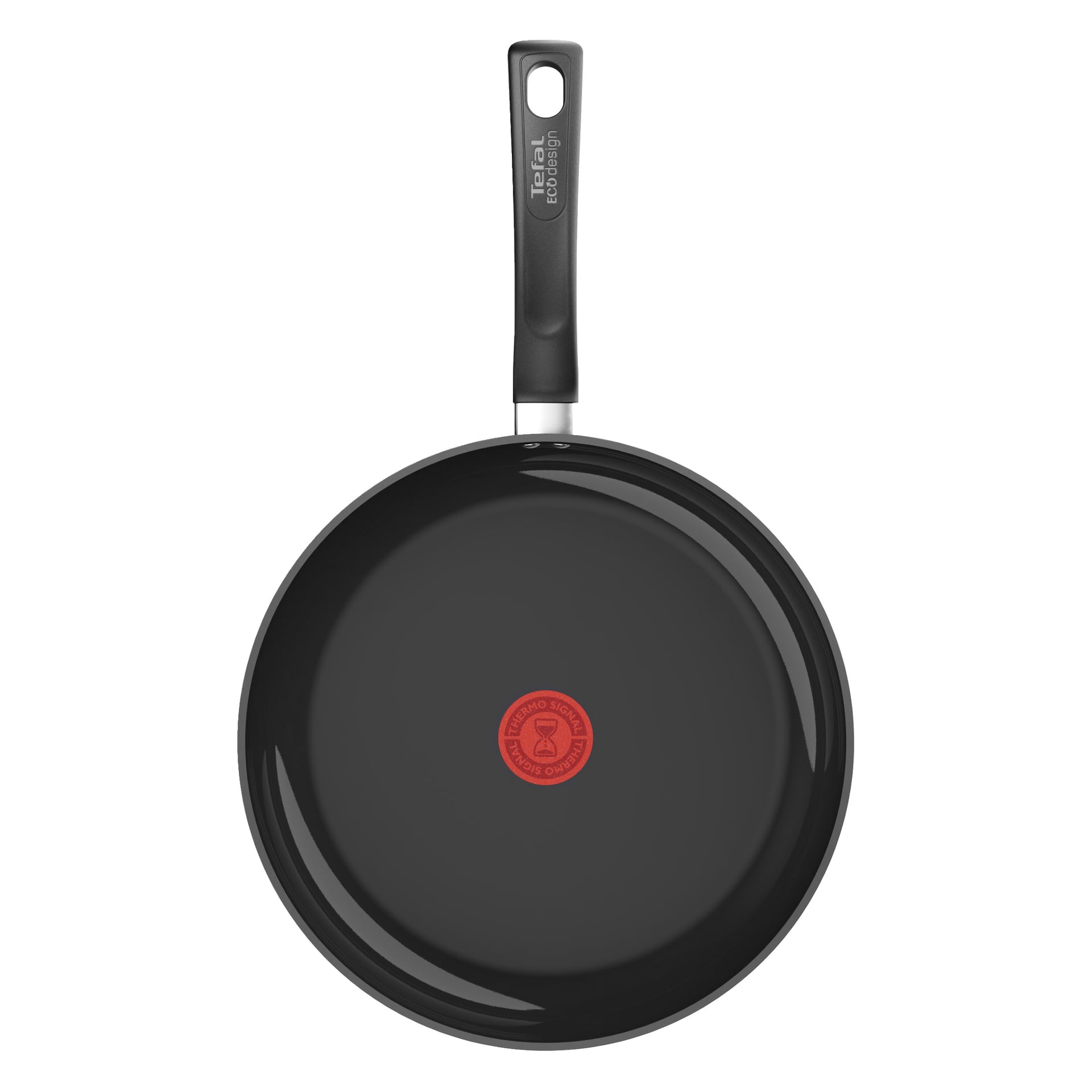 Musta tarttumaton paistinpannu ylhäältä katsottuna, keskellä punainen ympyrä ja kahvassa "Tefal"-merkintä.