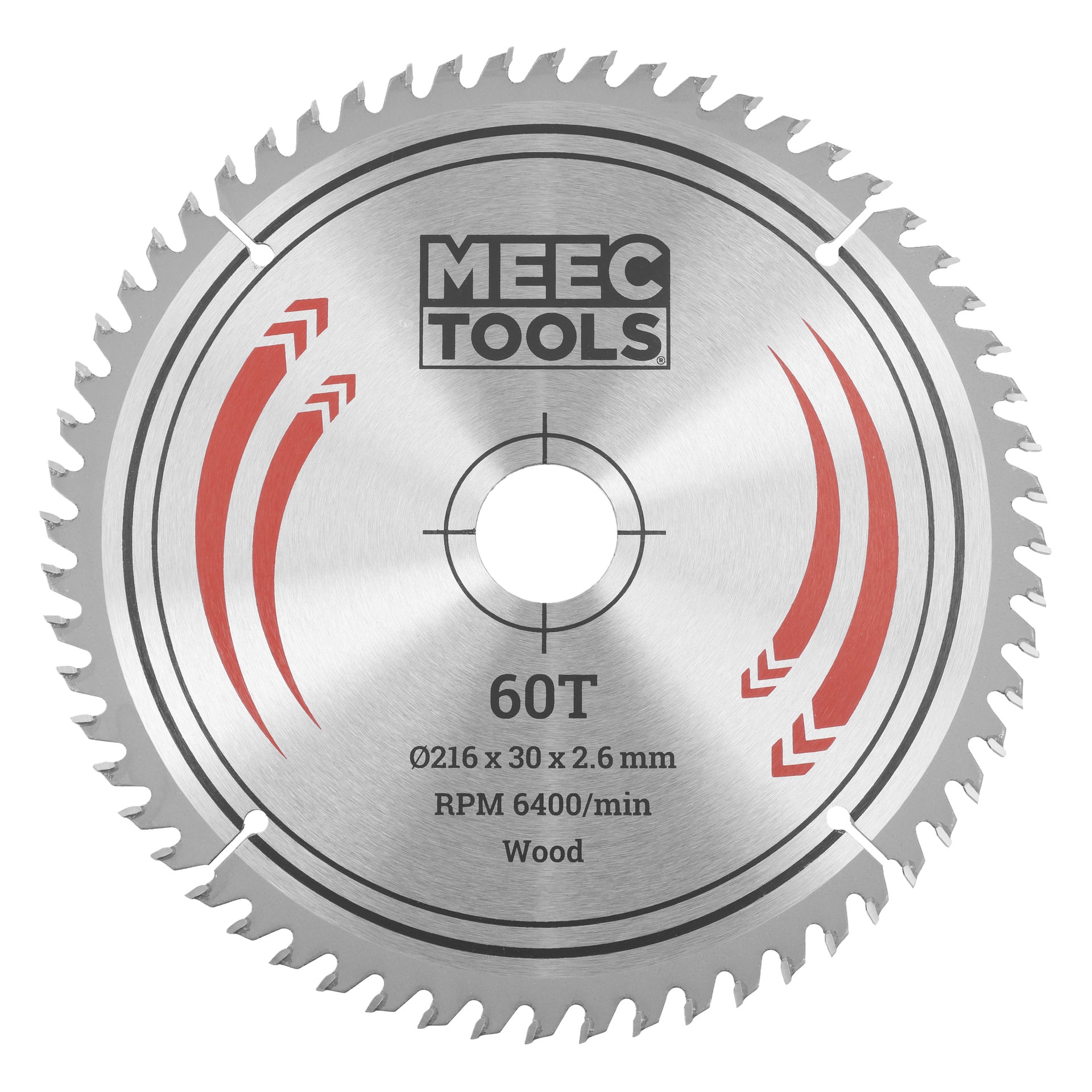 Ett 60-tandat cirkelsågblad märkt MEEC TOOLS, med röda detaljer och specifikationer: Ø216 x 30 x 2,6 mm, 6400 varv per minut, för träsågning.