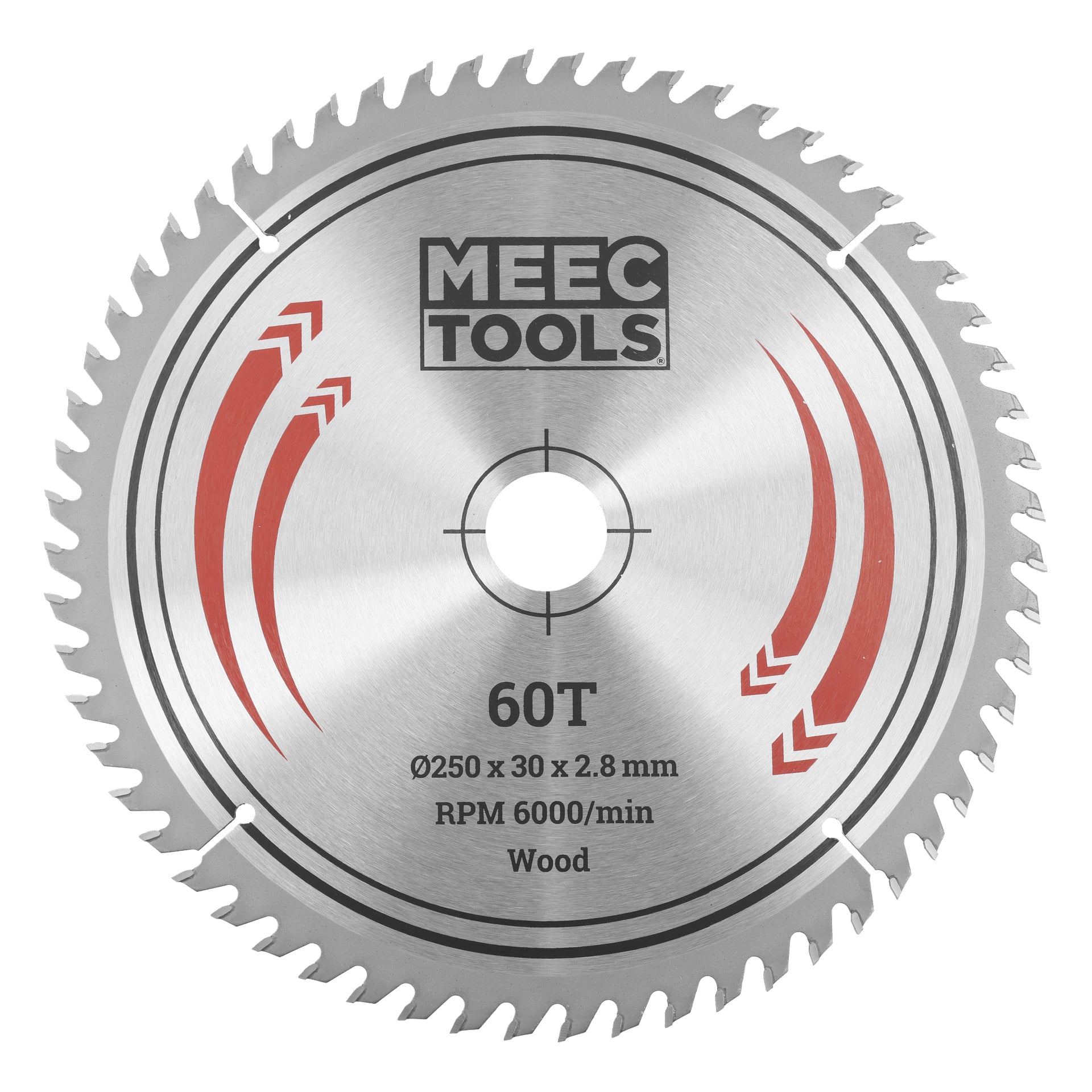 MEEC TOOLS cirkelsågblad, 60 tänder, 250 mm diameter, 30 mm borrning, 2,8 mm tjock, godkänd för upp till 6000 varv per minut för träskärning.