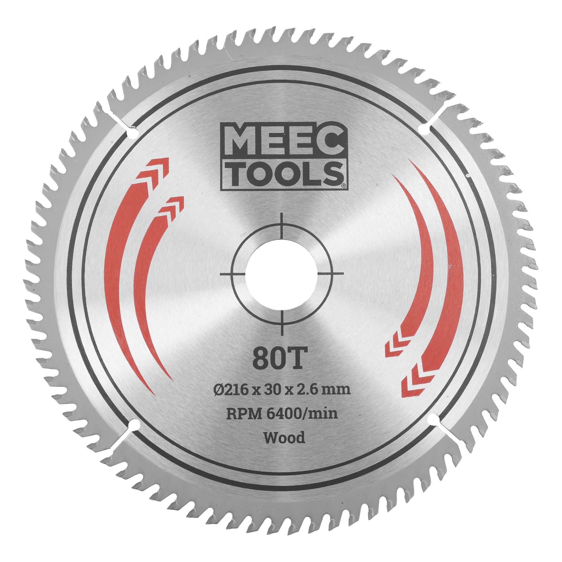 Cirkelsågblad med "MEEC TOOLS"-märkning, 80 tänder, 216x30x2,6 mm storlek, max 6400 varv/min, för trä, med röda detaljer.