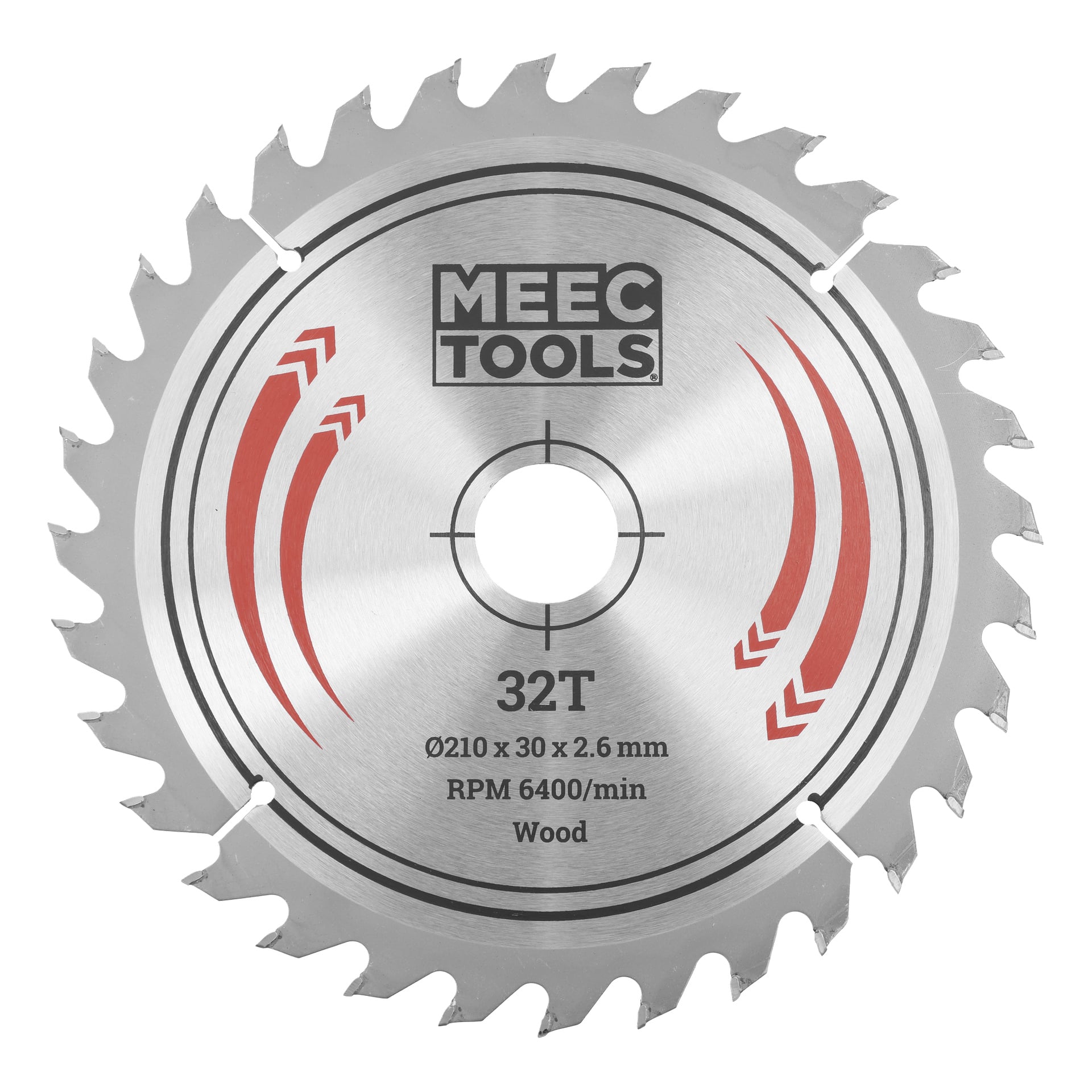 MEEC TOOLS cirkelsågblad med 32 tänder, röda pilar, 210 mm diameter, 30 x 2,6 mm specifikationer, 6400 varv per minut för träsåg.