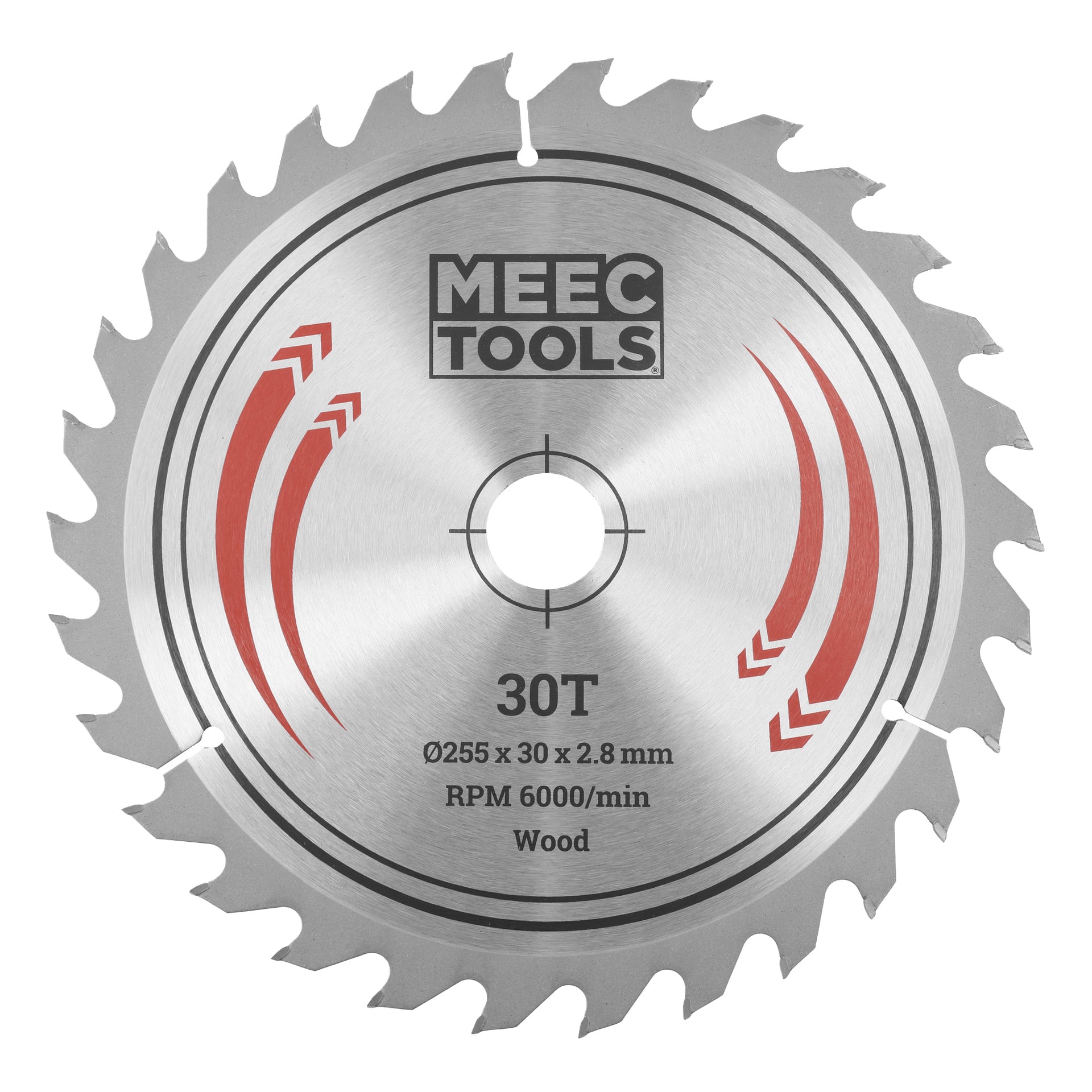 Ett 30-tandat cirkelsågblad märkt "MEEC TOOLS", specifikationer 255 x 30 x 2,8 mm, 6000 varv per minut, endast trä, med röd pilgrafik.