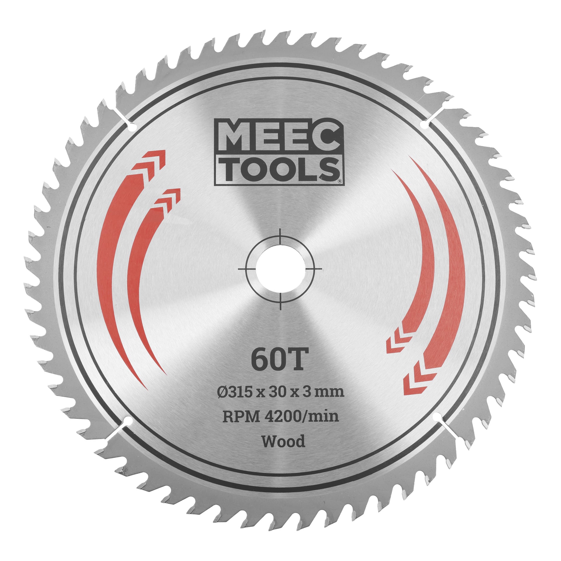 Cirkelsågblad märkt MEEC TOOLS, 60 tänder, 315 mm diameter, 30 mm borrning, 3 mm tjock, 4200 varv per minut för trä; röda markeringar synliga.