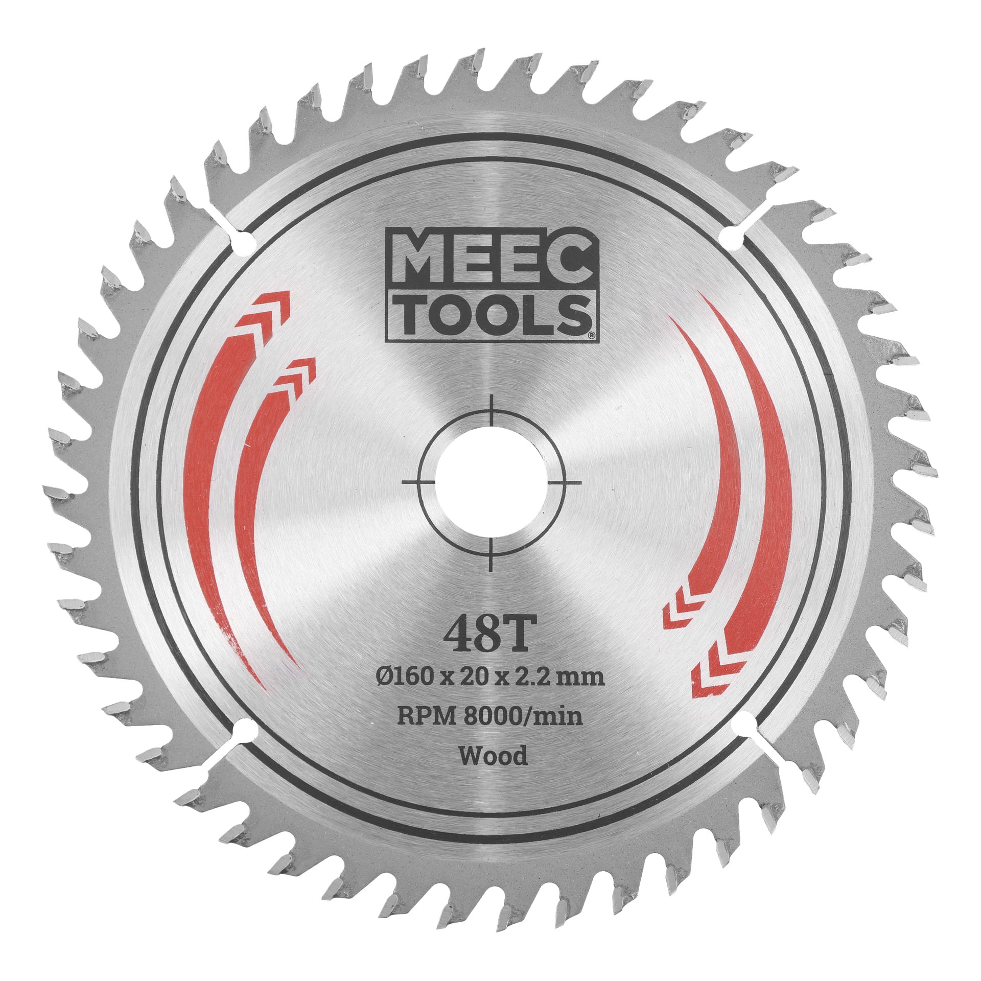 Ett MEEC TOOLS-cirkelsågblad med 48 tänder, röda detaljer, specifikationer 160 x 20 x 2,2 mm, varv/min 8000/min, trä och ett centralt hål.