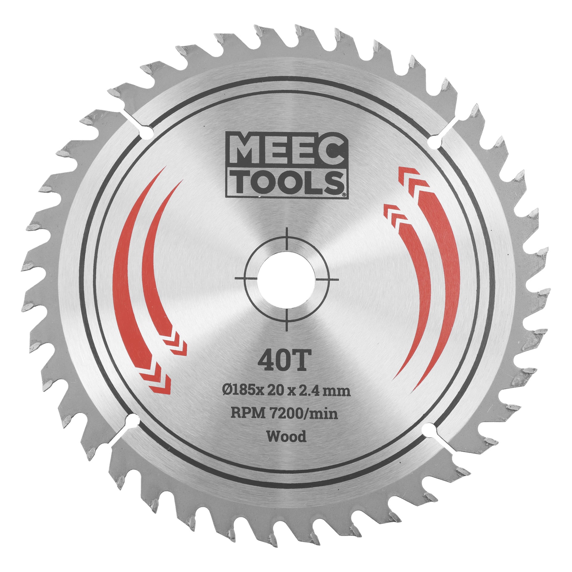 MEEC TOOLS cirkelsågblad, 40 tänder, 185 mm diameter, 20x2,4 mm för trä, maxhastighet 7200 varv per minut, röda märken nära kanten.