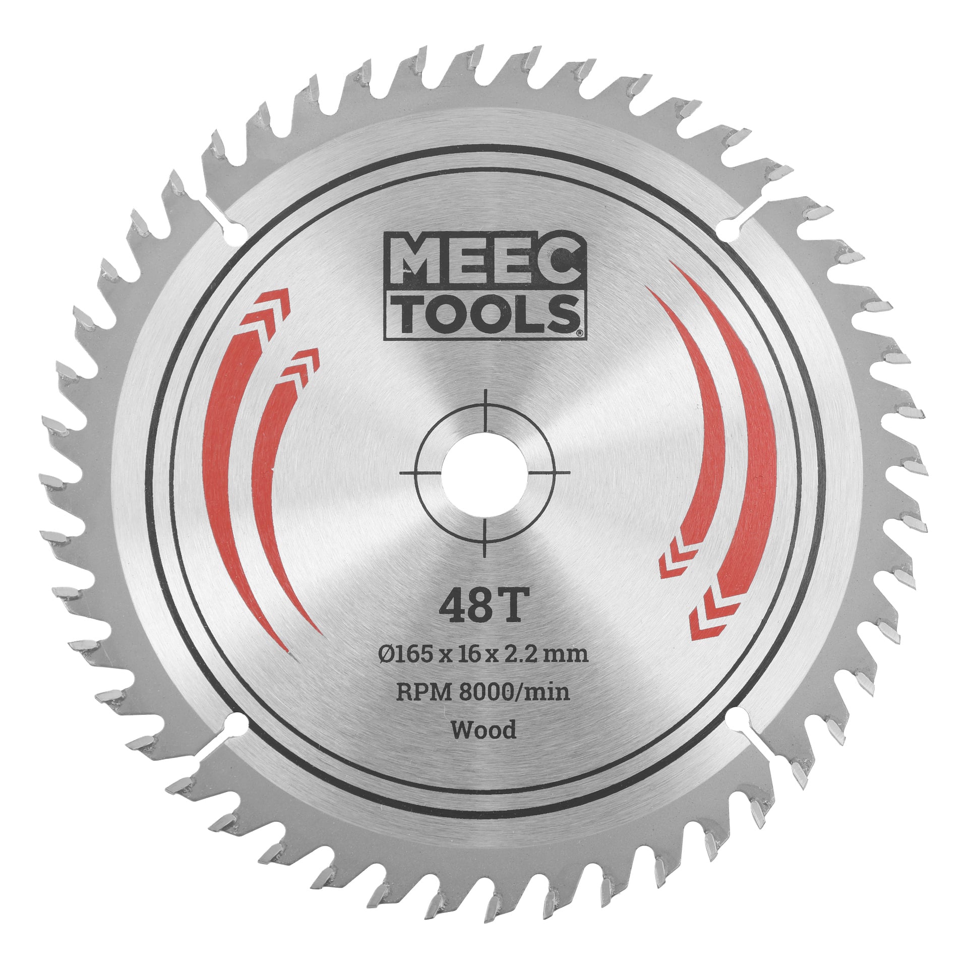 Ett 48-tandat MEEC TOOLS-cirkelsågblad med röda pilar, märkt 165 x 16 x 2,2 mm, 8000 varv per minut, gjort för träsåg.