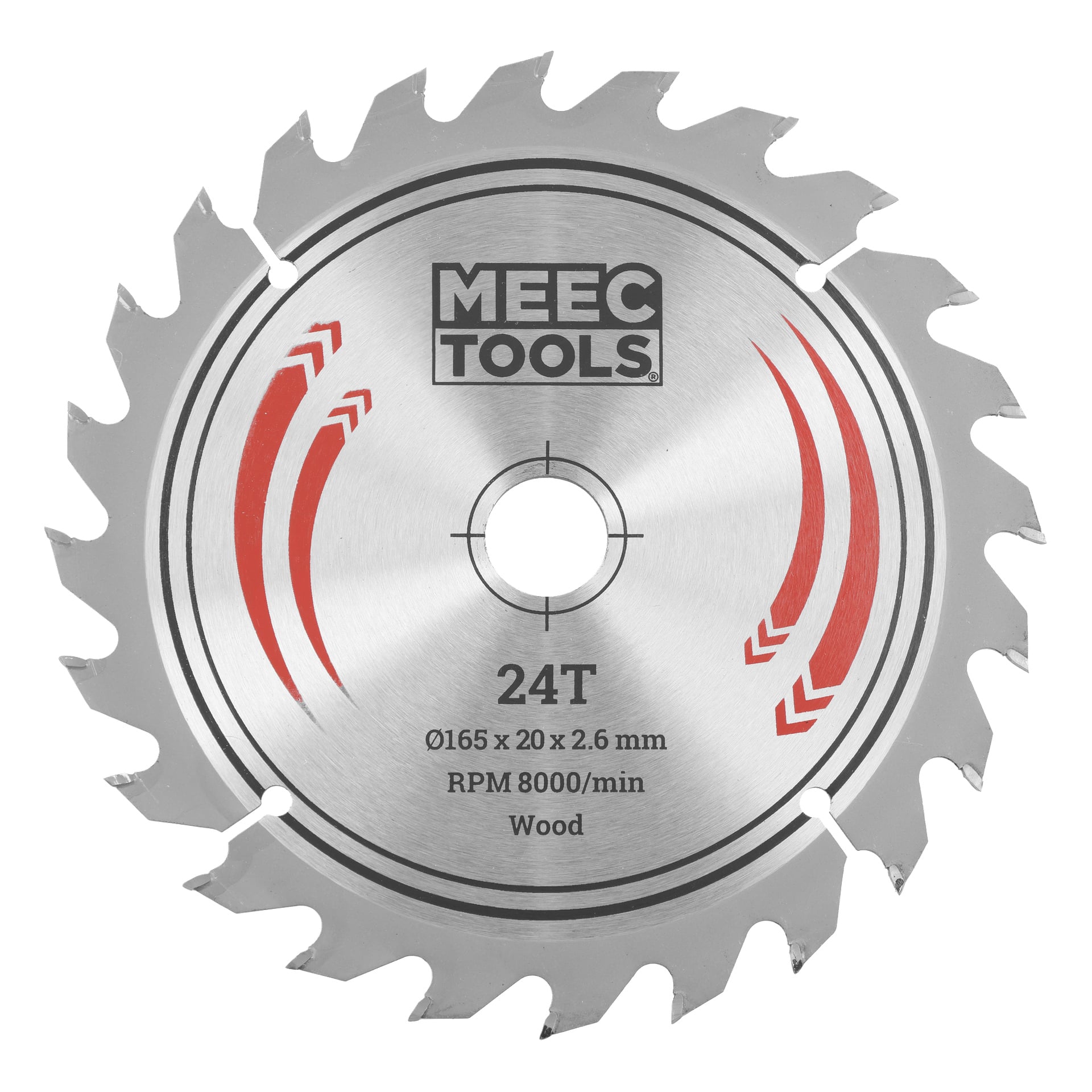 MEEC TOOLS cirkelsågsblad, 24 tänder, röda pilar, specifikationer: Ø165x20x2,6 mm, varvtal 8000/min, designad för att såga trä.
