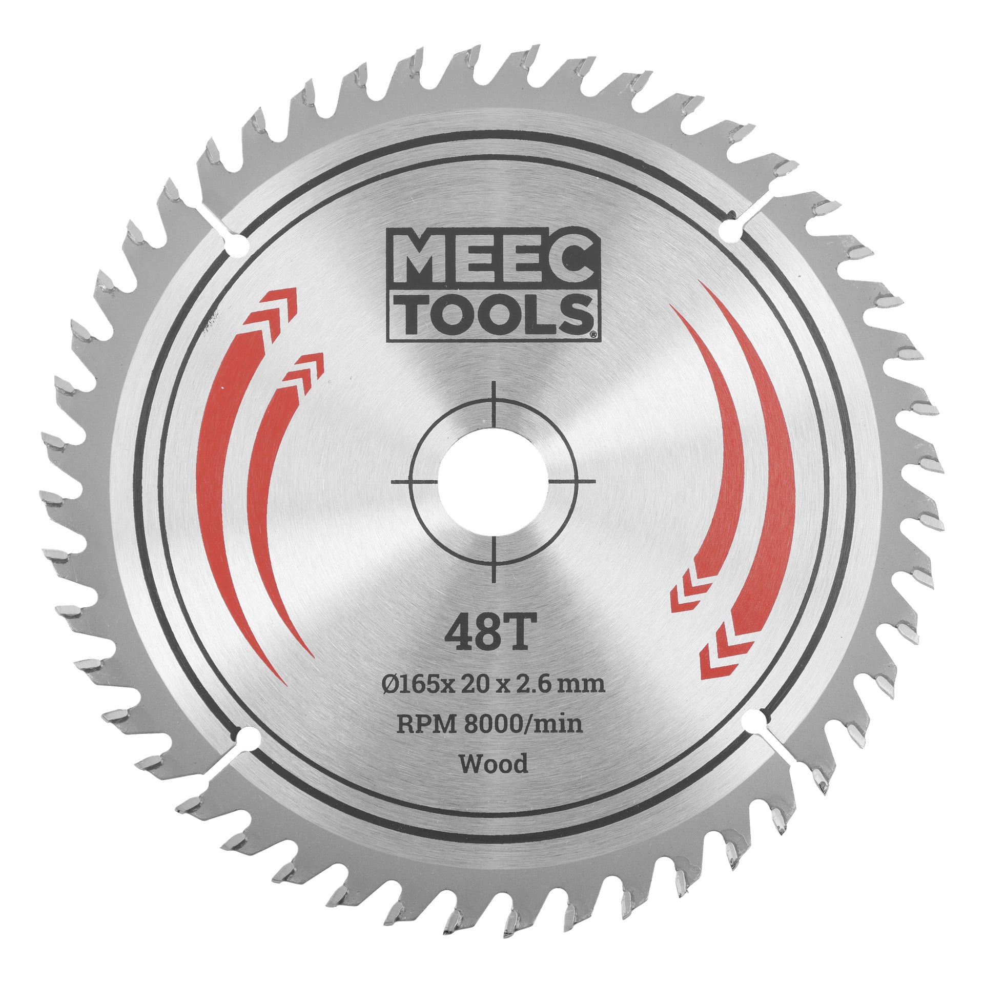 Cirkelsågblad märkt MEEC TOOLS 48T, Ø165x20x2,6 mm, 8000 varv/minut, träbruk, med 48 tänder och röda markeringar på framsidan.