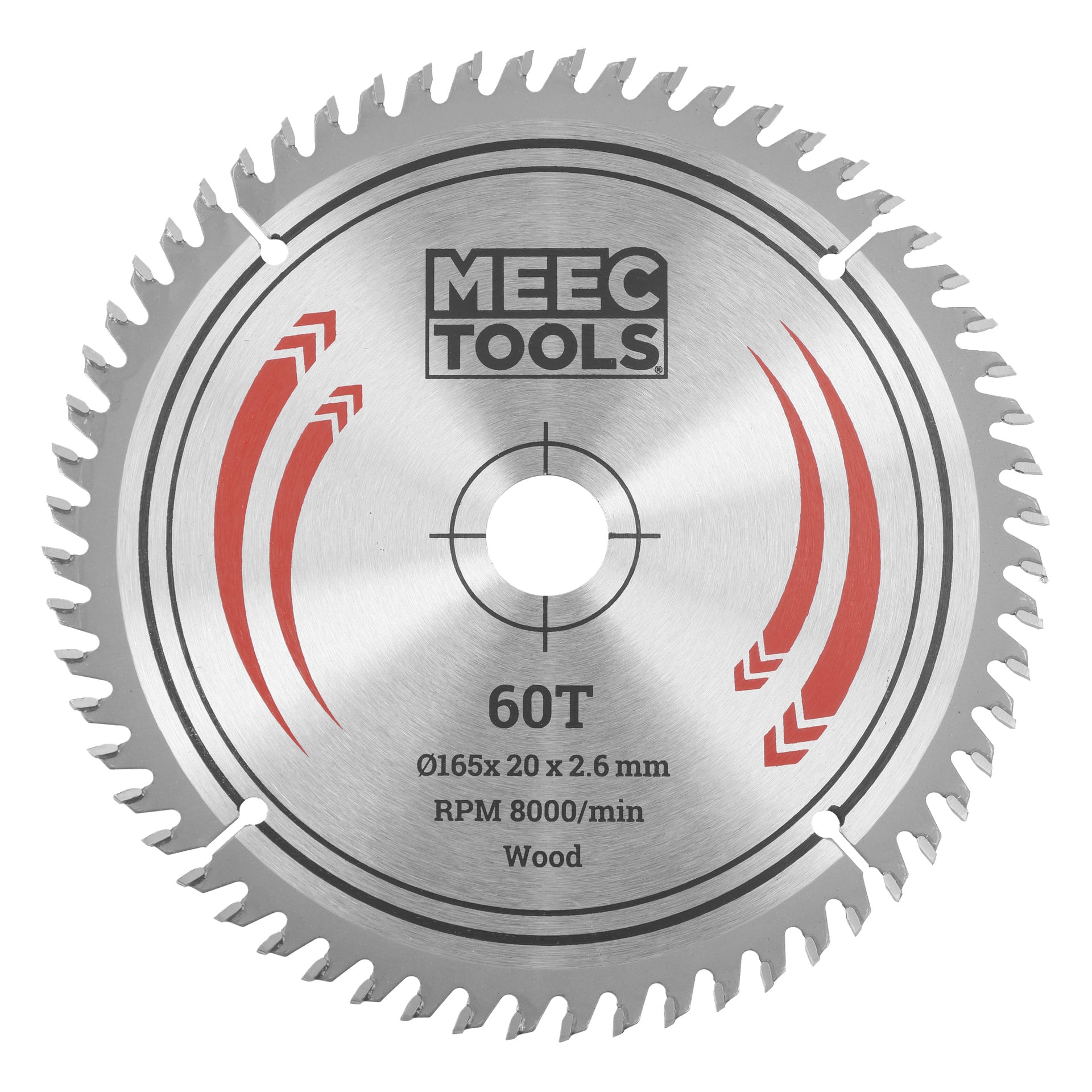 Meec Tools cirkelsågsblad i trä, silver med röda detaljer, 60 tänder, storlek 165x20x2,6 mm, maxhastighet 8000 varv per minut.