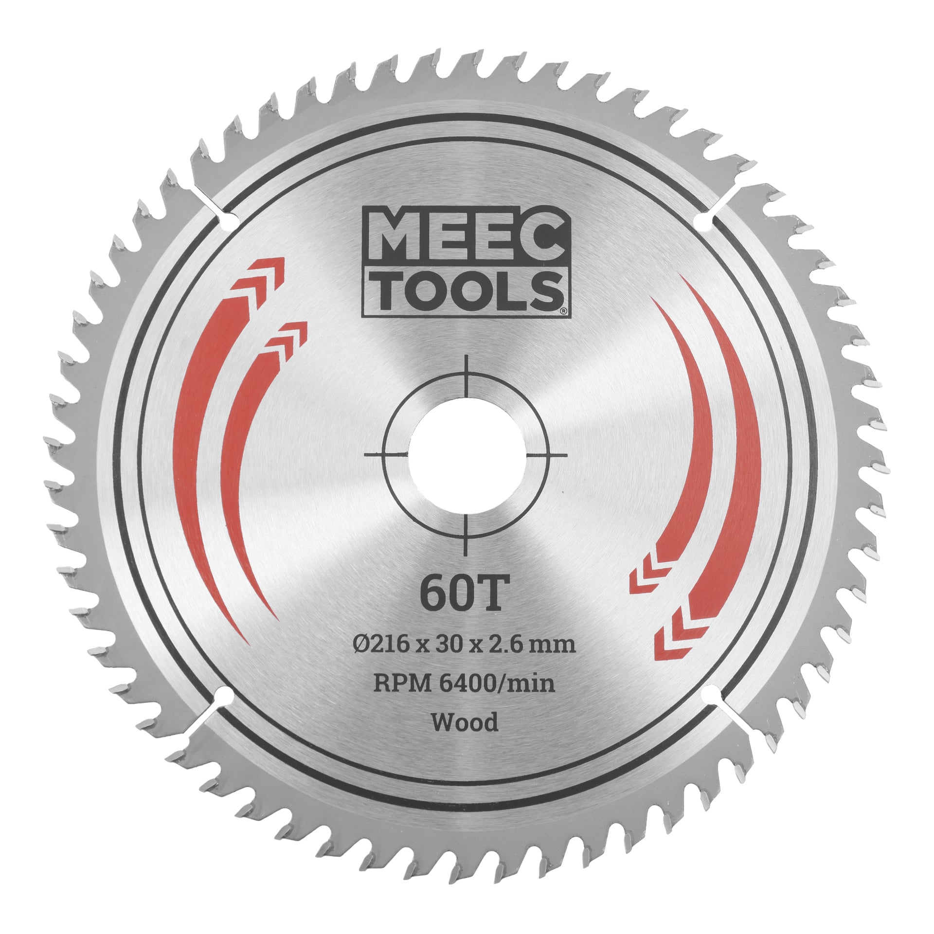 Meec Tools 60-tandad cirkelsåg för trä, 216x30x2,6 mm, max 6400 varv per minut. Silverstål med röda vinklar och arborhål.