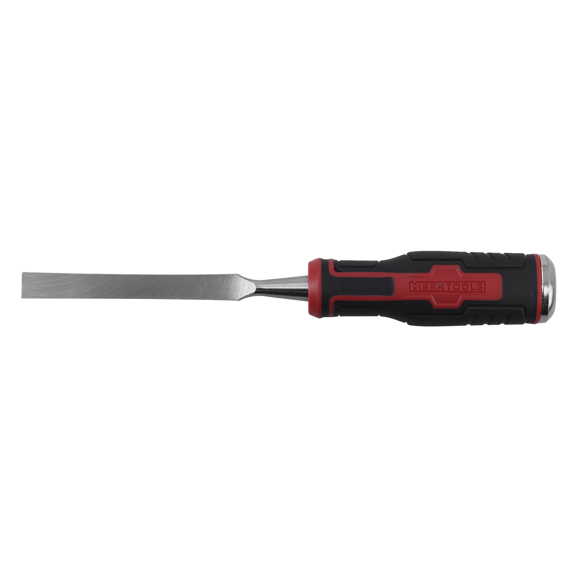 Metallmeisel med flatt blad og et gummihåndtak i svart og rødt, med MEEC TOOLS-logo vist på håndtaket.