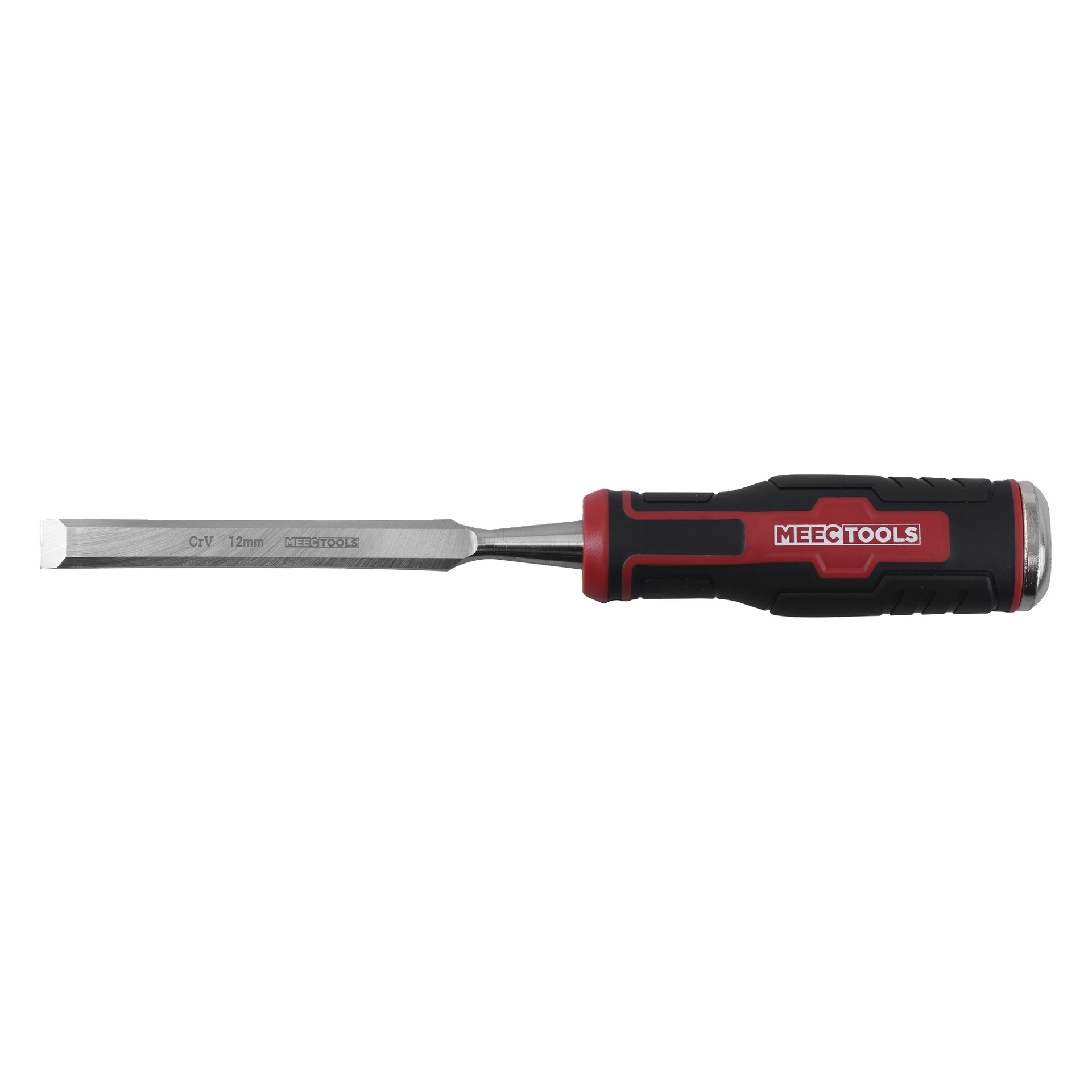 En flat tremeisel med svart og rødt håndtak merket MEEETOOLS. Stålbladet viser CV 12mm MEEC TOOLS.