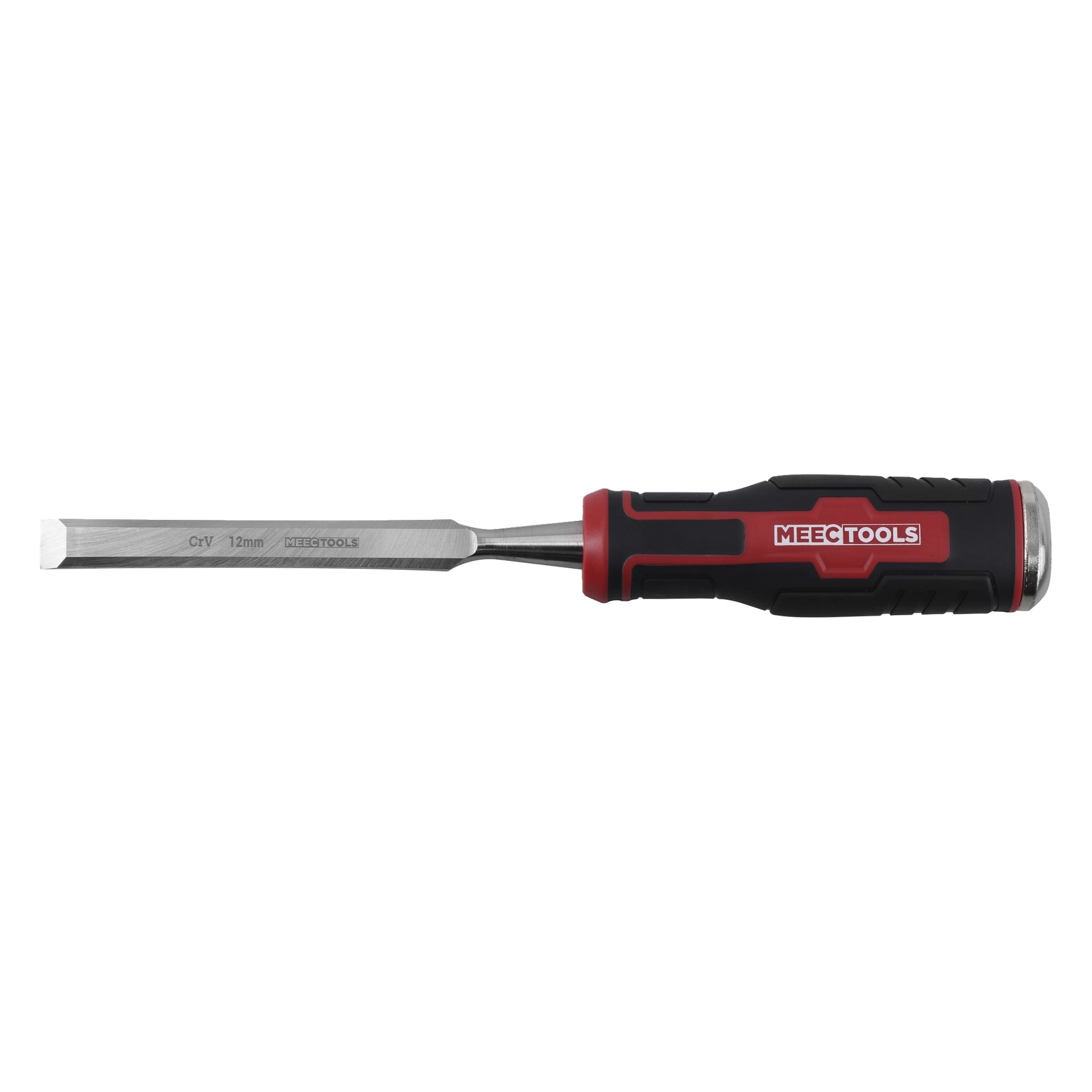 En platt trämejsel med svart och rött handtag märkt MEEETOOLS. Stålbladet visar CV 12mm MEEC-VERKTYG.