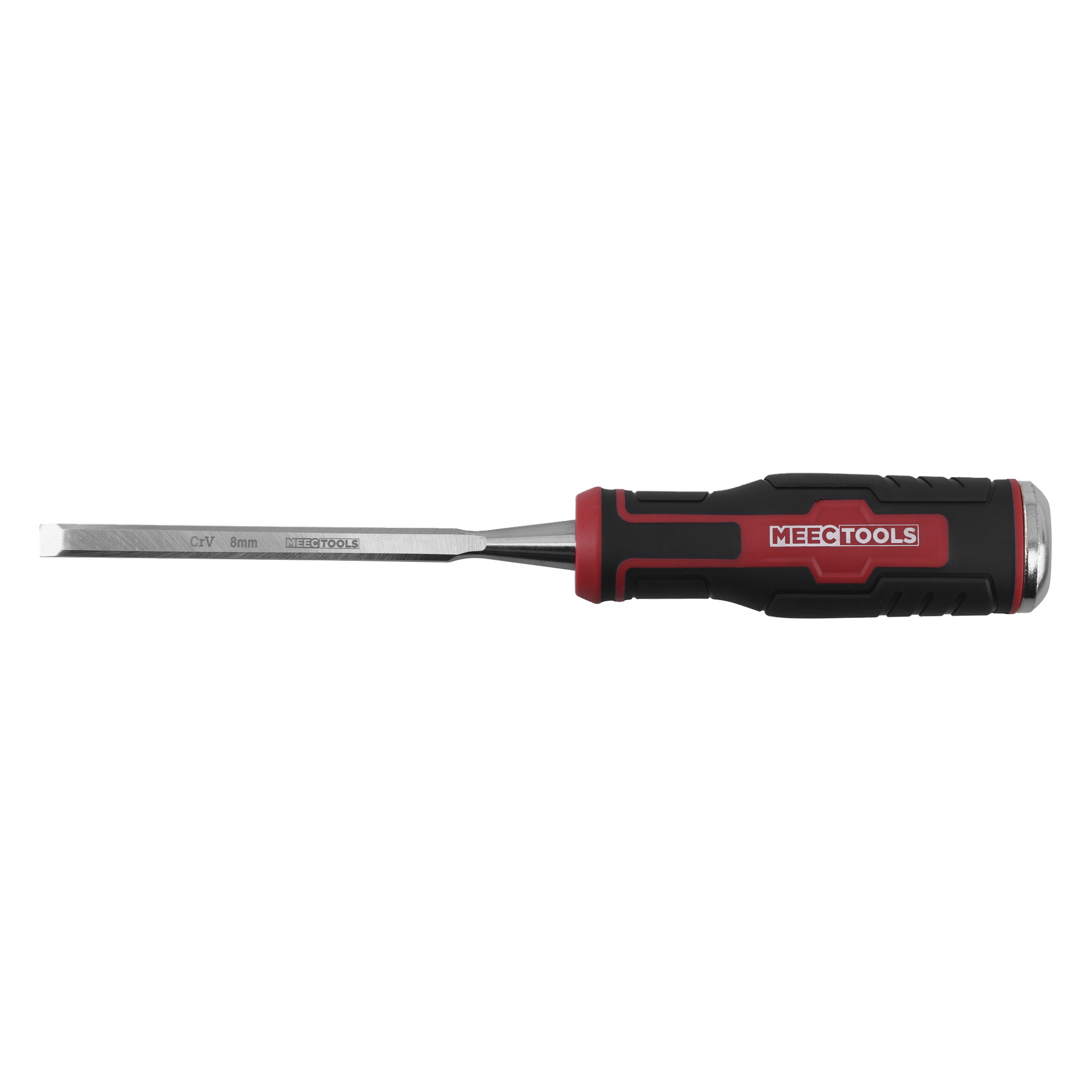 Metallinen taltta, jossa on 8 mm terä ja musta-punainen kahva, jossa lukee MEEC TOOLS, ja koko sekä merkki näkyvät terässä ja kahvassa.