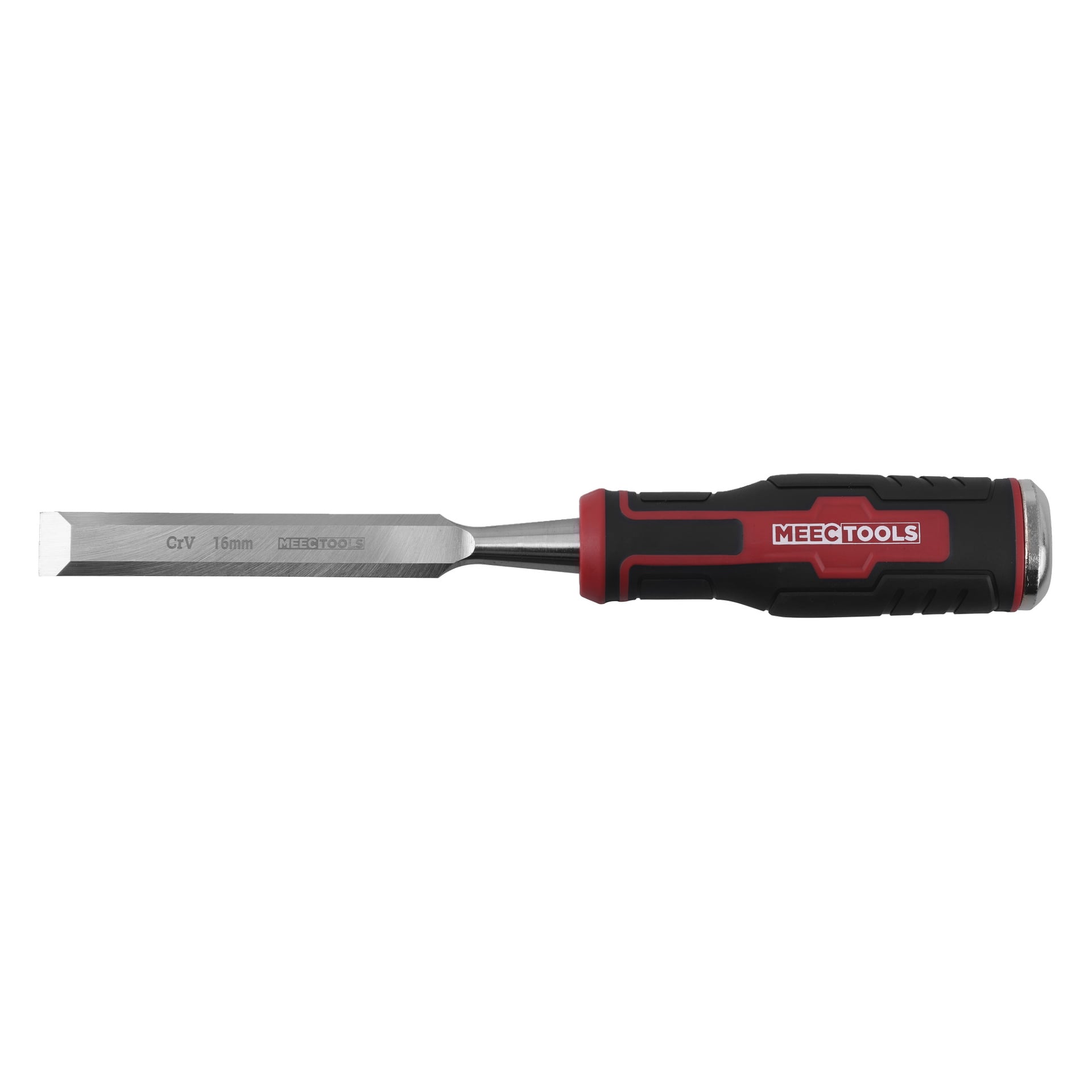 En metallmejsel med ett rött och svart handtag märkt MEEC TOOLS, med ett 6 mm platt, vasst blad.