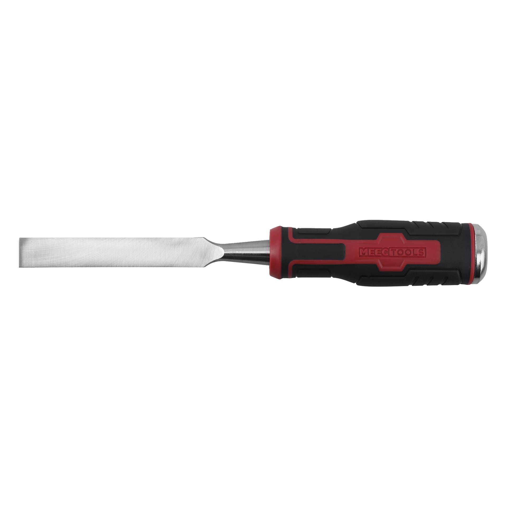 Platt trämejsel med vasst metallblad och svart-rött gummigrepp, präglat med Mec Tools-märket på sidan.