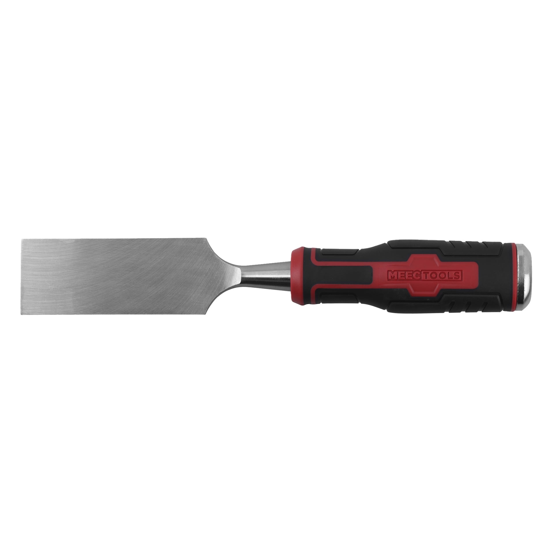 Metallinen taltta, jossa on leveä, litteä terä ja musta-punainen kahva, jossa lukee MEC TOOLS.