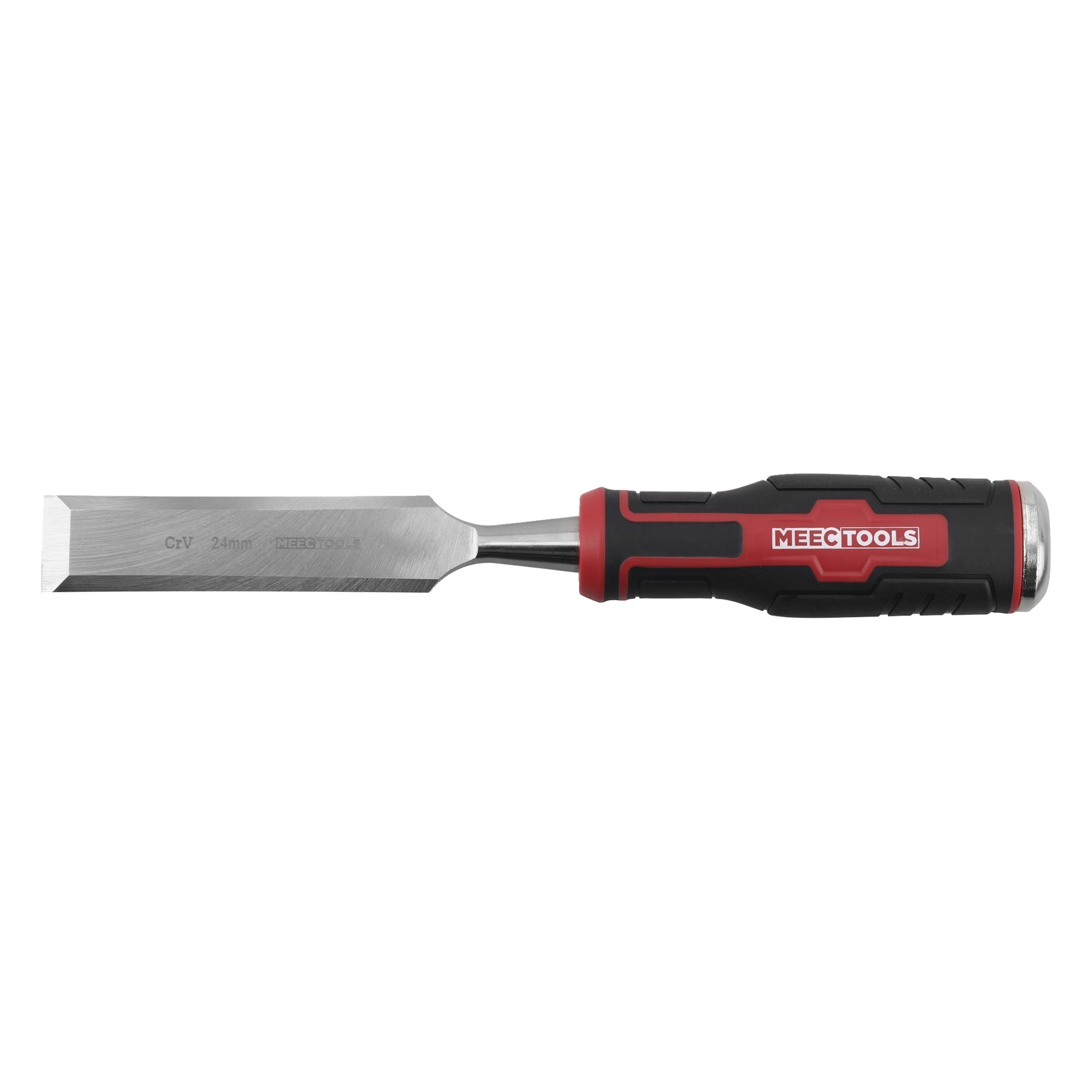 En metallmeisel med svart og rødt gummihåndtak merket MEEG TOOLS. Flatt blad gravert med CrV 24mm MEEGTOOLS.