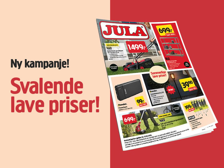 Jula-annonsen viser flere produkter og priser, for eksempel en gressklipper til 1499 NOK, med fet overskrift på beige og rød delt bakgrunn.