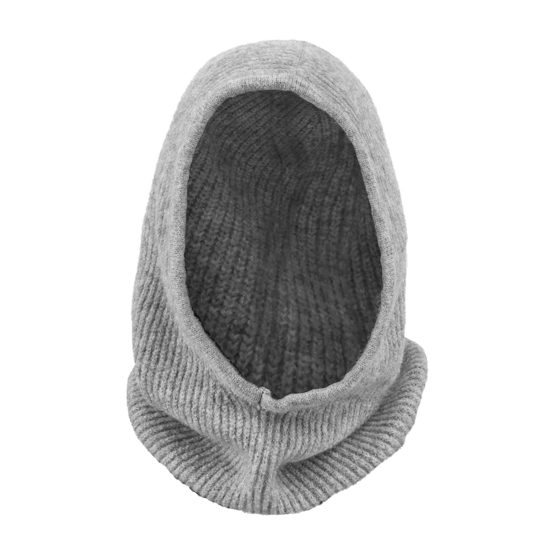Grå strikket balaklava med strikk strikk som står oppreist, åpen i fronten, uten fester eller dekorasjoner.
